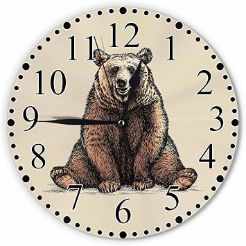 Brown Fun Bear Wall Clock Wild Maccasin Bear Clock 10 Inch Silent Non-Ticking Clocks Battery Operated for Home Living Laundry Room Kitchen Bedroom Office