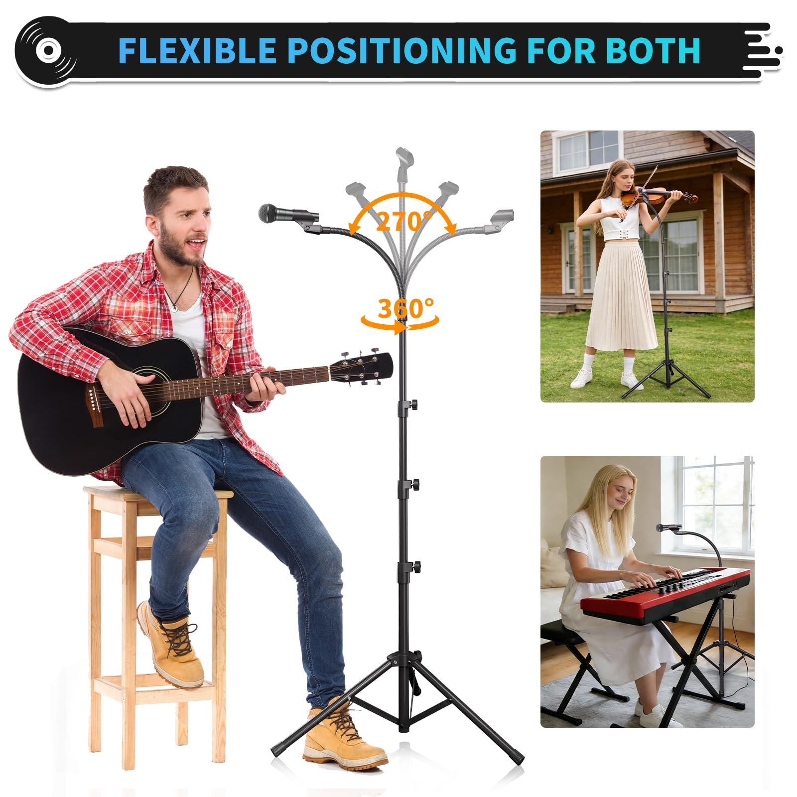 K KASONIC Pied de Microphone à Col de Cygne, Pied de Microphone Réglable avec 2 Supports pour Micro pour la Performance, Pied au Sol pour Micro pour le Chant, Activités de Plein Air
