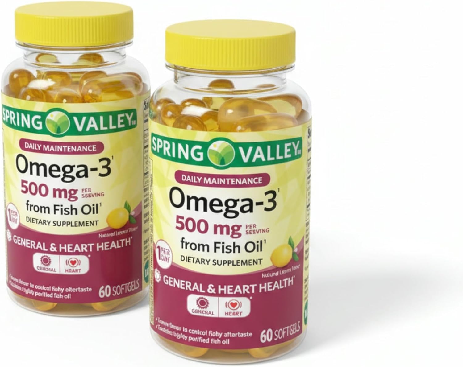 Omega-3 Fish Oil 500mg – 60 Softgels, Omega 3 Supplement for Men and Women, Magnesio DHA EPA, Daily Lemon Flavor Softgels, Gluten Free (Pack of 2)