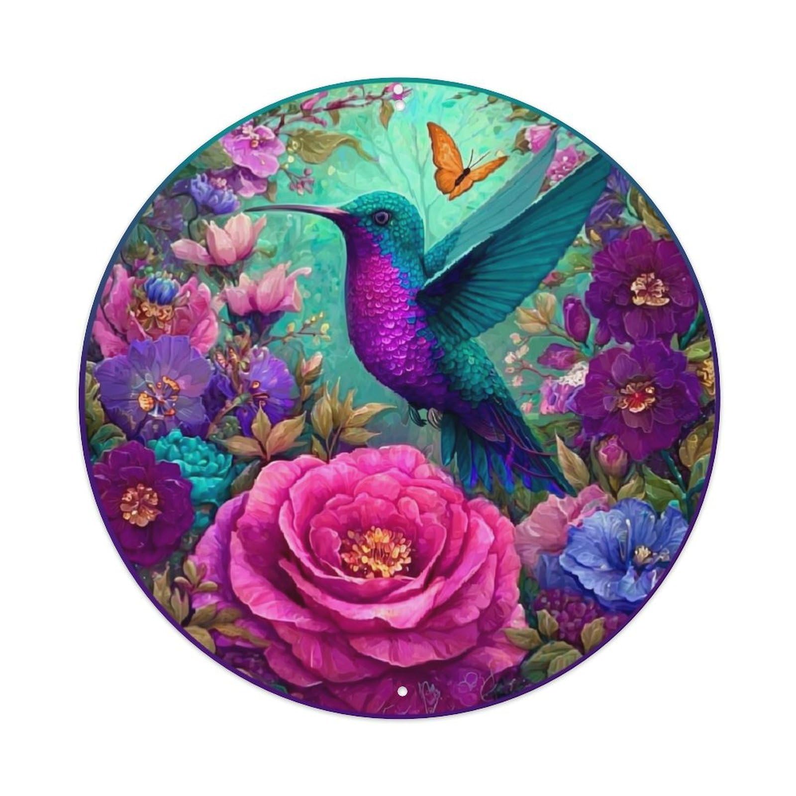 Hummingbird Flower Butterfly Garden Art Retro Metal Sign Round Tin Sign, Vintage Decor Art Poster for Bar, Home, Man Cave, Kitchen, Laundry Room Gift 8x8Inch