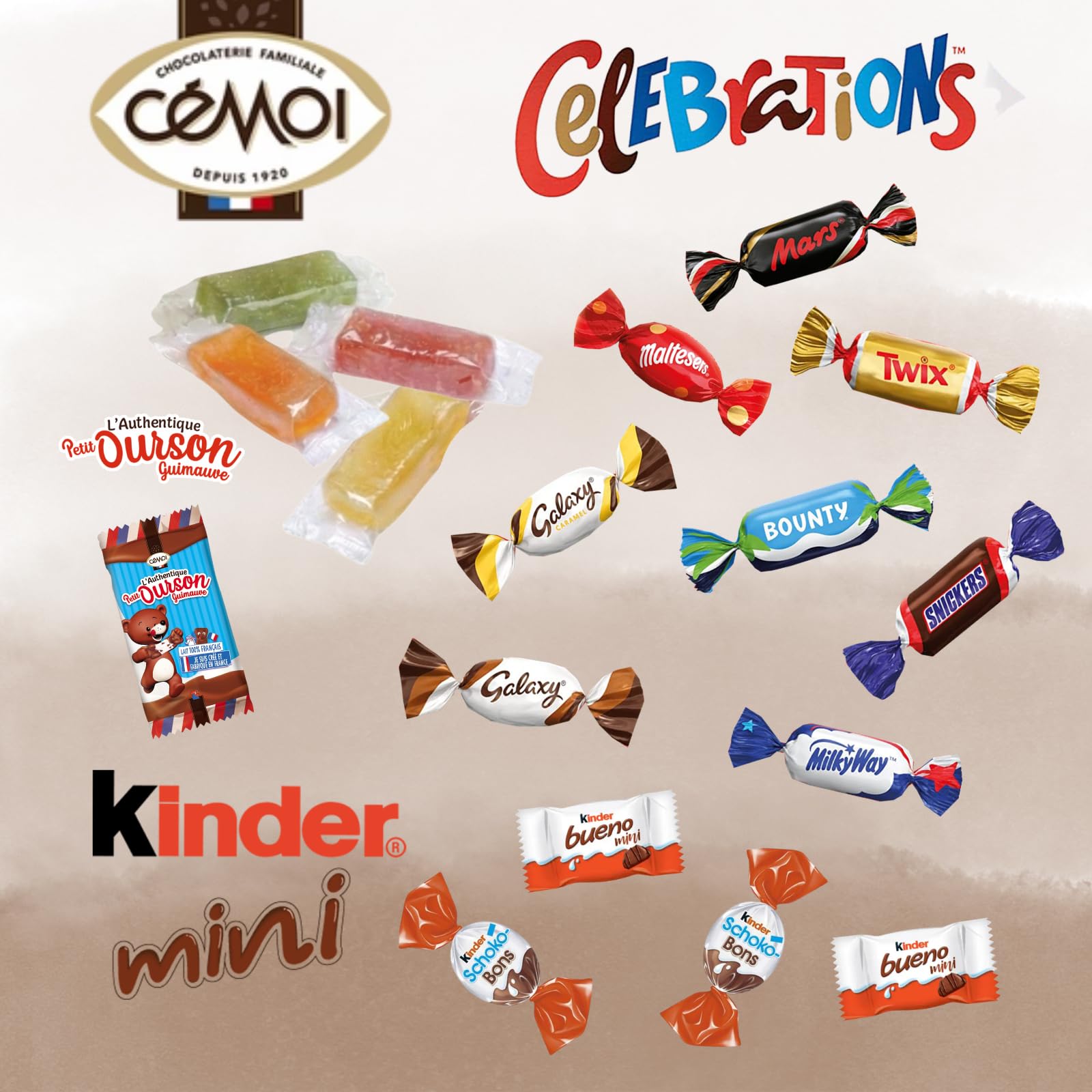 BOX GOURMANDE | 1kg de Chocolats Célébrations, Kinder Mini-Bueno et Schokobons,Pâtes de Fruits & Oursons Guimauve Cémoi | Friandises à Partager emballées individuellement