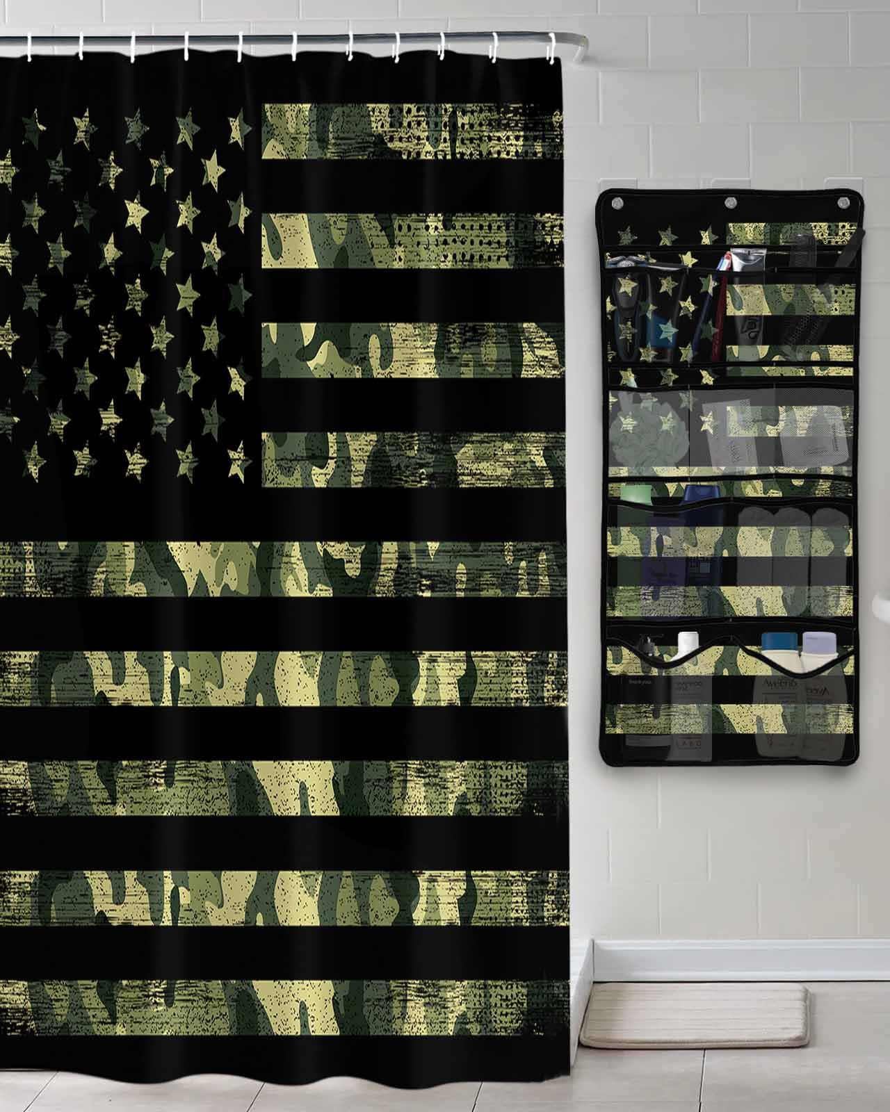 Shower Curtain Mesh Shower Organizer Hanging Set American Flag Green Camouflage Black Stripes Waterproof Shower Curtains with 10