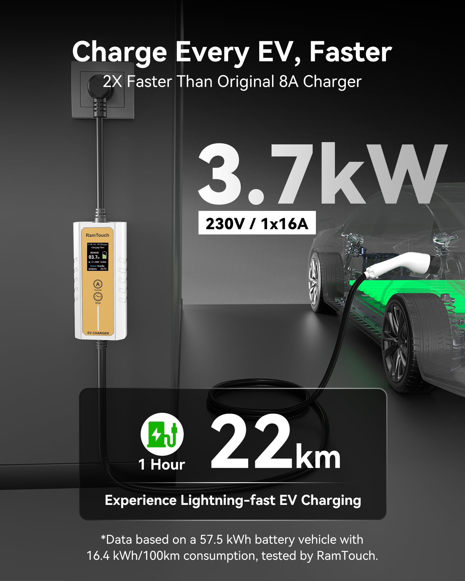 Caricabatterie da Auto Elettrico (3,7 KW, 8,5 m, Tipo 2, Schuko) - Cavo di Ricarica con amperaggio Regolabile 6A-16A, Ricarica ritardata e Programmata, terminale di Ricarica Mobile per EV e