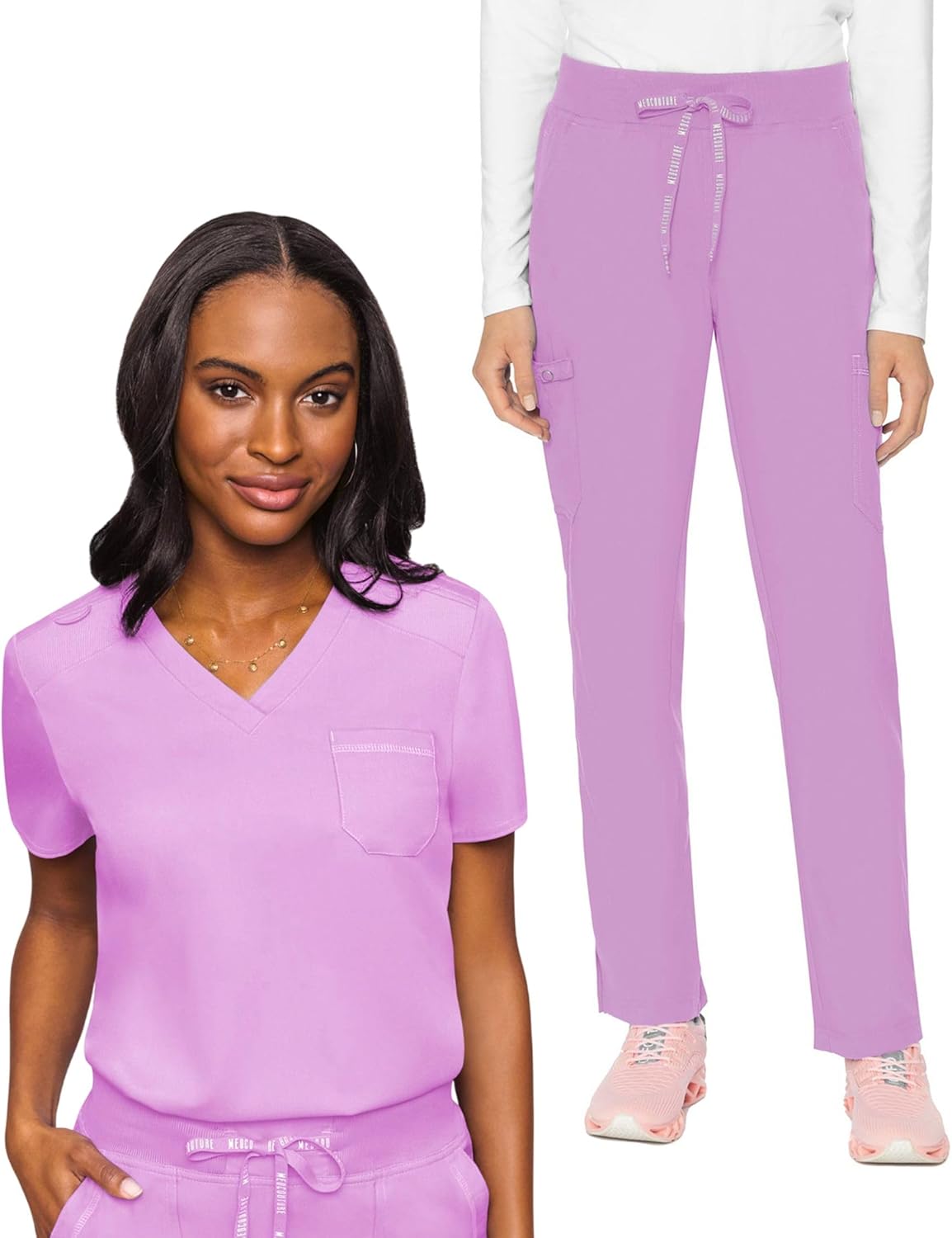 Med Couture Touch Scrub Set for Women V-Neck Top MC7448 & 6-Pocket Yoga Waist Pant, Ultra Soft Stretch Medical Uniform MC7725, M Top/M Pant, Lilac