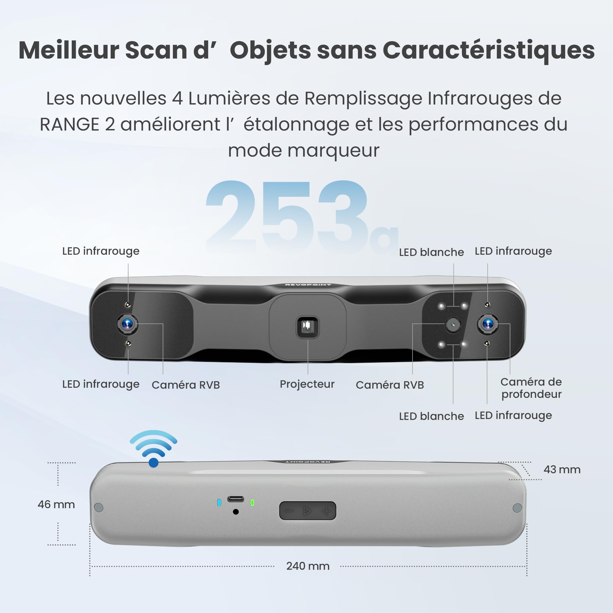 Revopoint RANGE 2 Scanner 3D Portable, Précision 0,1 mm,Scanner de Modèles 3D Portable,Caméra Couleur RGB Intégrée,Pour Scans Corporels & Faciaux, Ingénierie Inverse