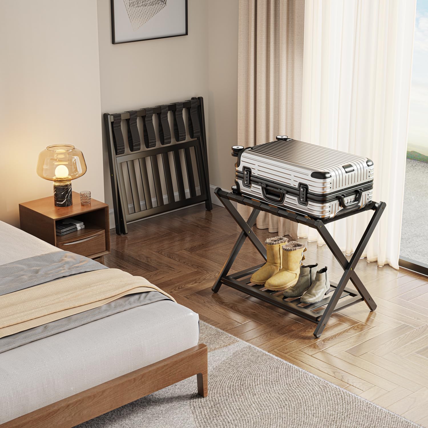 BAMBOOHOMIE Paquete de 2 portaequipajes de bambú para habitación de invitados, soporte plegable de 26.7 pulgadas con estante de almacenamiento, soporte grueso para equipaje para dormitorio, hotel