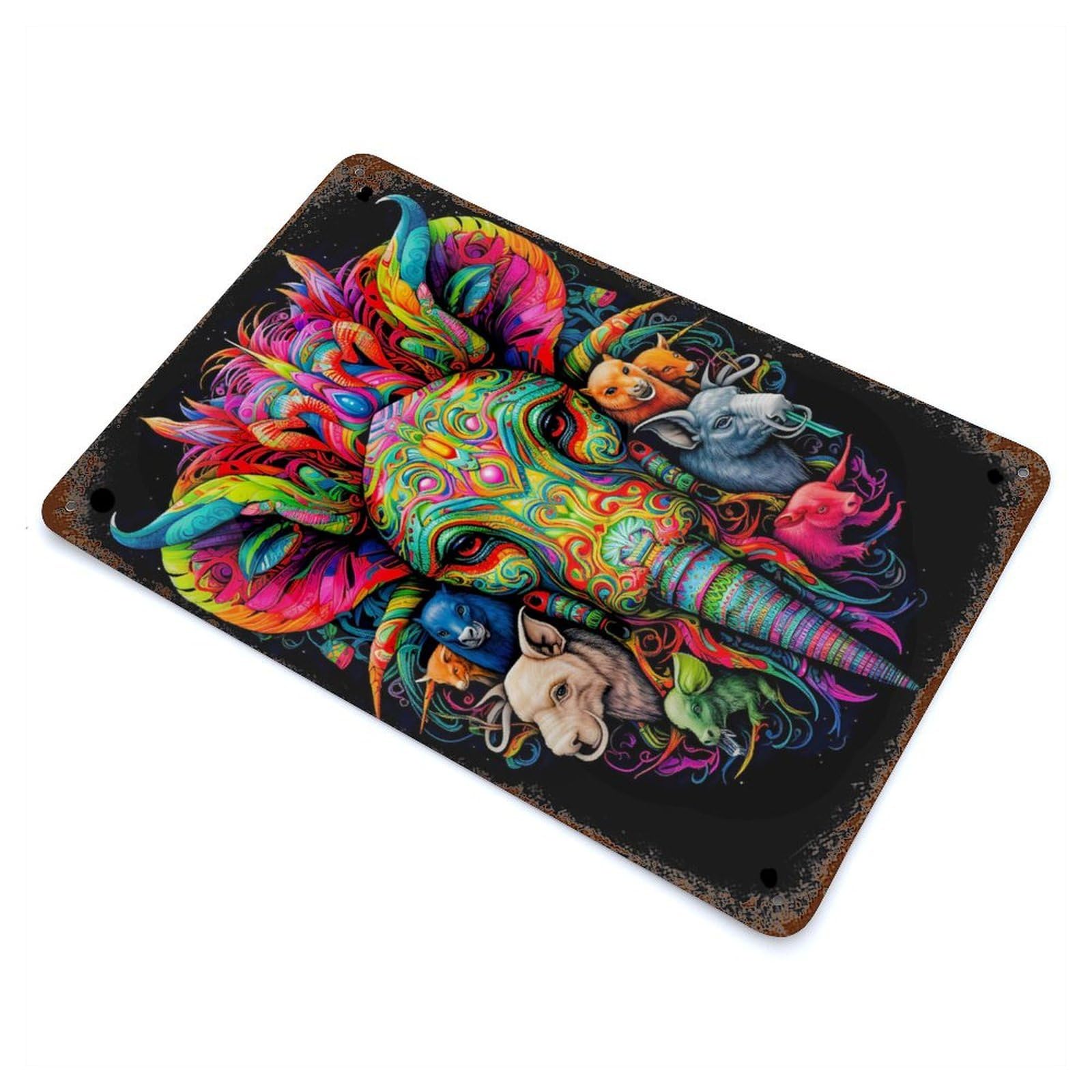 Psychedelic Animals Rust Effect Tin Sign 11.8"x7.9", Old School Wall Decor for Farmhouse, Kitchen And Entryway Decor