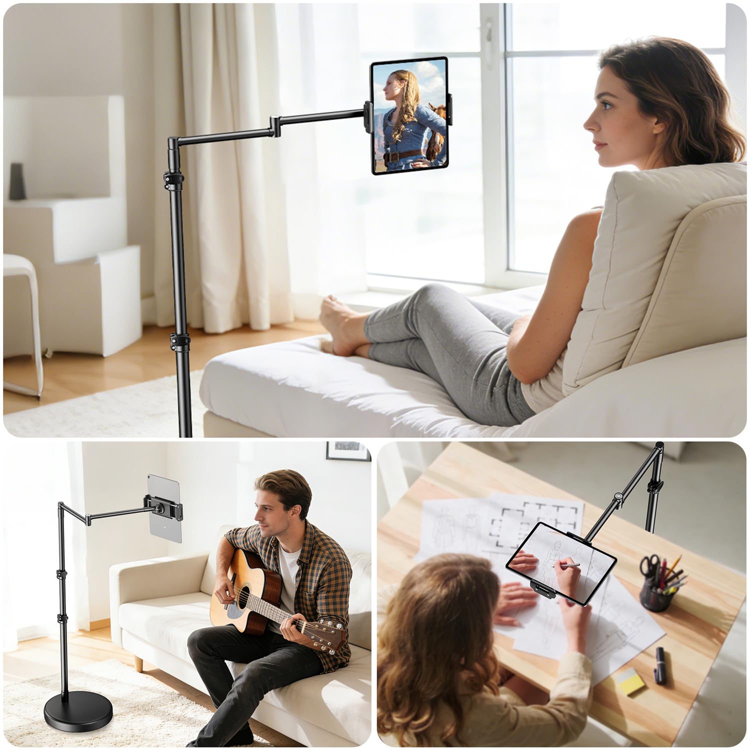elitehood Schwerlast-Aluminium Tablet Bodenständer für Bett | Langer Schwenkarm, Verstellbar, Kompatibel mit iPad, Kindle, 4,7–13 Zoll Geräte, Für Sessel, Sofa