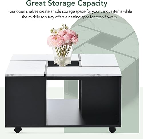 Miniatura 6 de Mesa de centro moderna de 2 capas con marco de metal, mesa de té cuadrada de cóctel con almacenamiento, centro de mármol sintético de alto brillo,