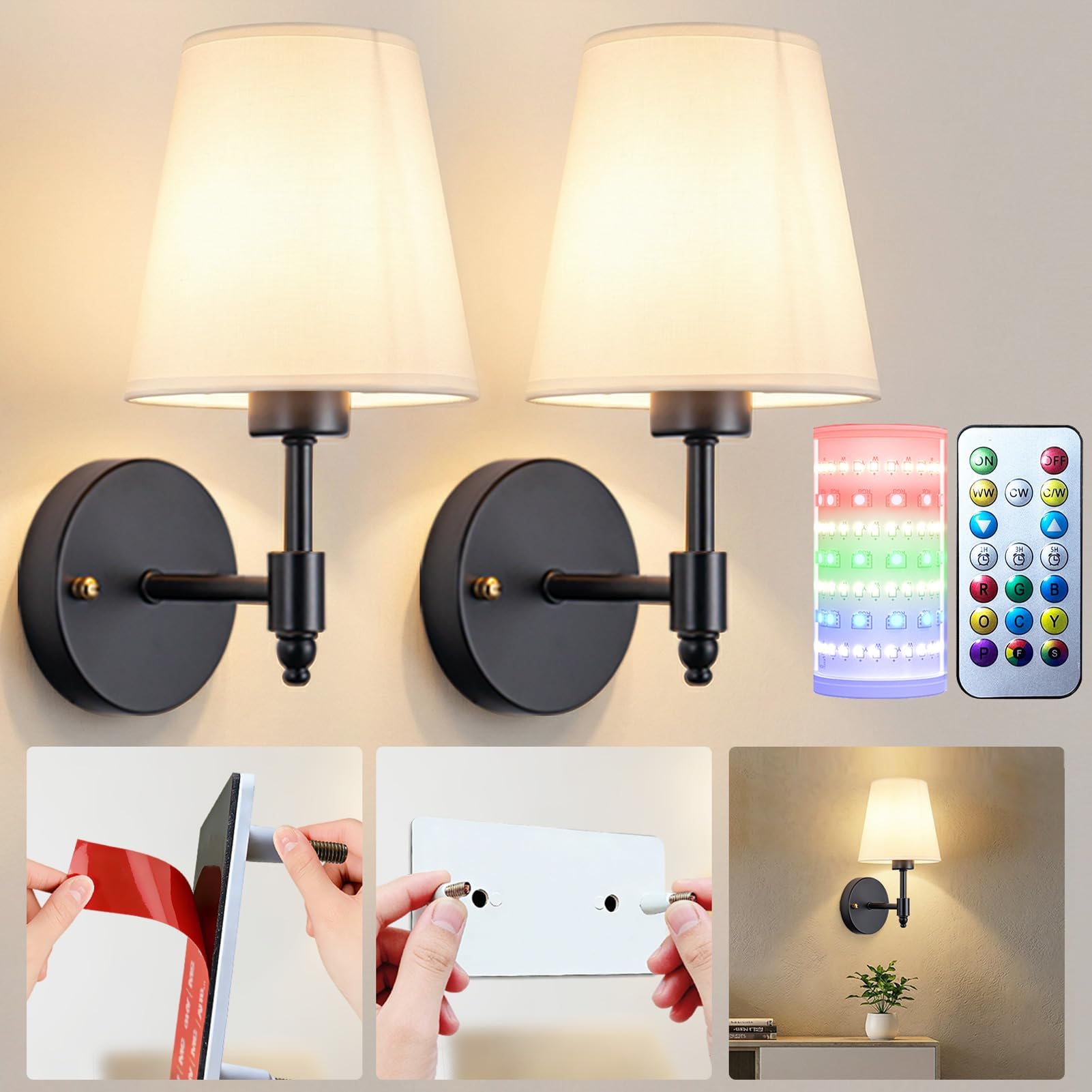 Battery Operated Wall Sconces Set Of Two, Wireless Battery Wall Light With 10000mAh RGB Rechargeable Magnetic Bulb, Rechargeable Wall Sconce With Remote Control For Bedroom, No Electrician Required