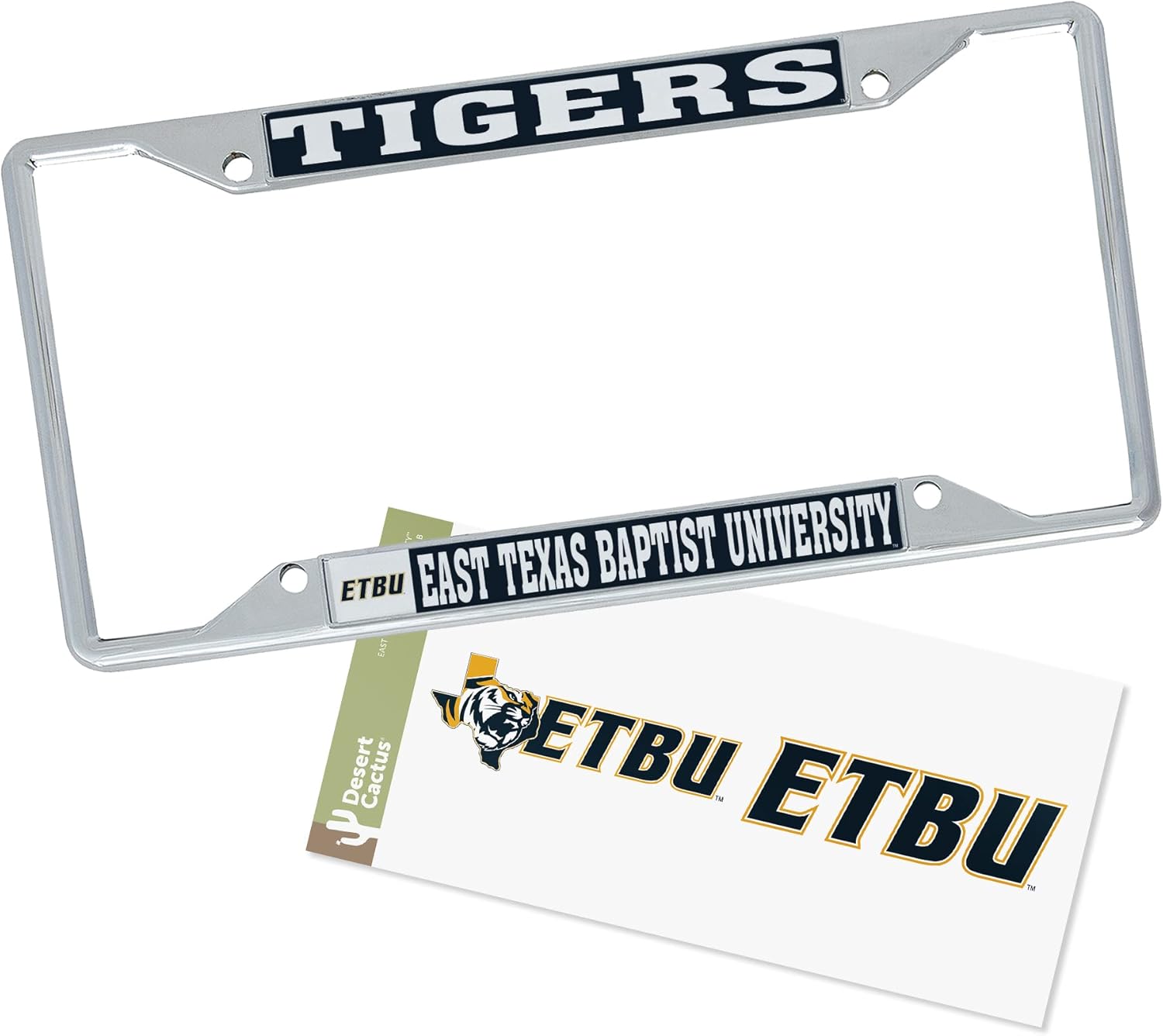 Desert Cactus East Texas Baptist University License Plate Frame and Sticker Car Tag Holder for Front or Back of Car Officially Licensed Metal (Sticker Frame Combo - Mascot)