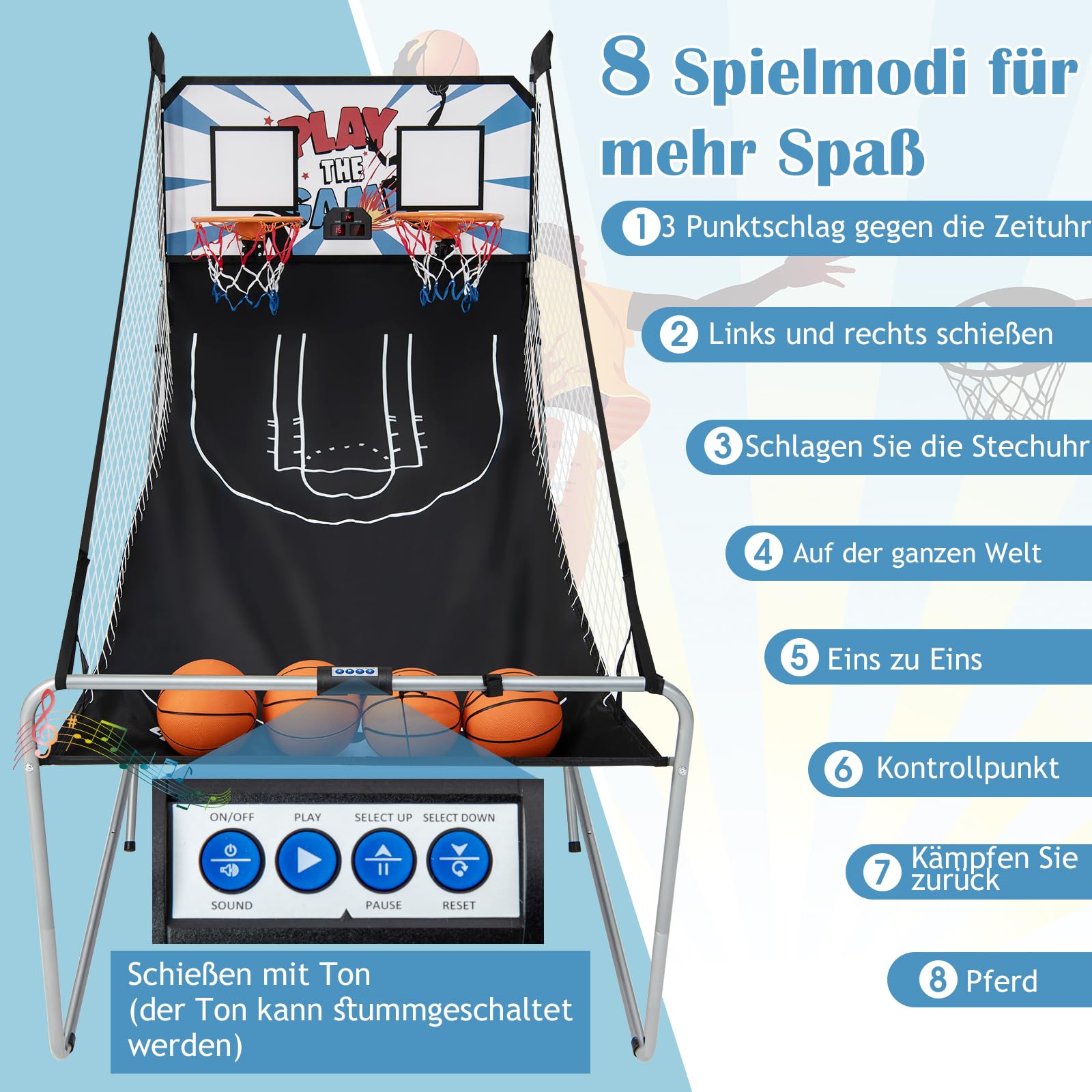 GYMAX Automat Basketballkorb, faltbar Elektronische Basketballspiel mit 8 Spieleinstellungen & elektronischer Anzeigetafel, Schießmaschine inkl. 4 Bällen & 2 Fangkörben (Schwarz)