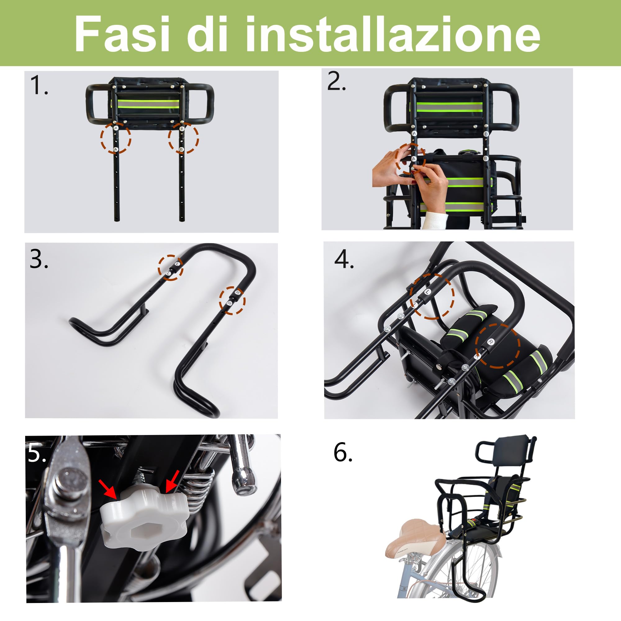 QMD Seggiolino Posteriore per Bambini con poggiatesta Regolabile; seggiolino Posteriore per Bici con poggiapiedi, Schienale e maniglione di Sicurezza. Progettato per Bambini dai 18 Mesi agli 8 Anni.