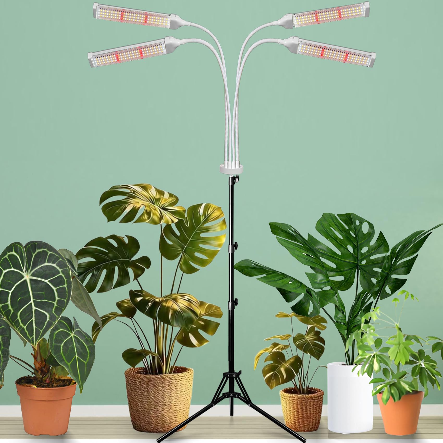Pflanzenlampen LED Vollspektrum mit Ständer – 4 Köpfe 420 LEDs (5x mehr), 660nm Rotlicht für Blüte & Frucht, Timer & Dimmer, höhenverstellbares Aluminium – Pflanzen LED Wachstumslampe (4 Köpfe)