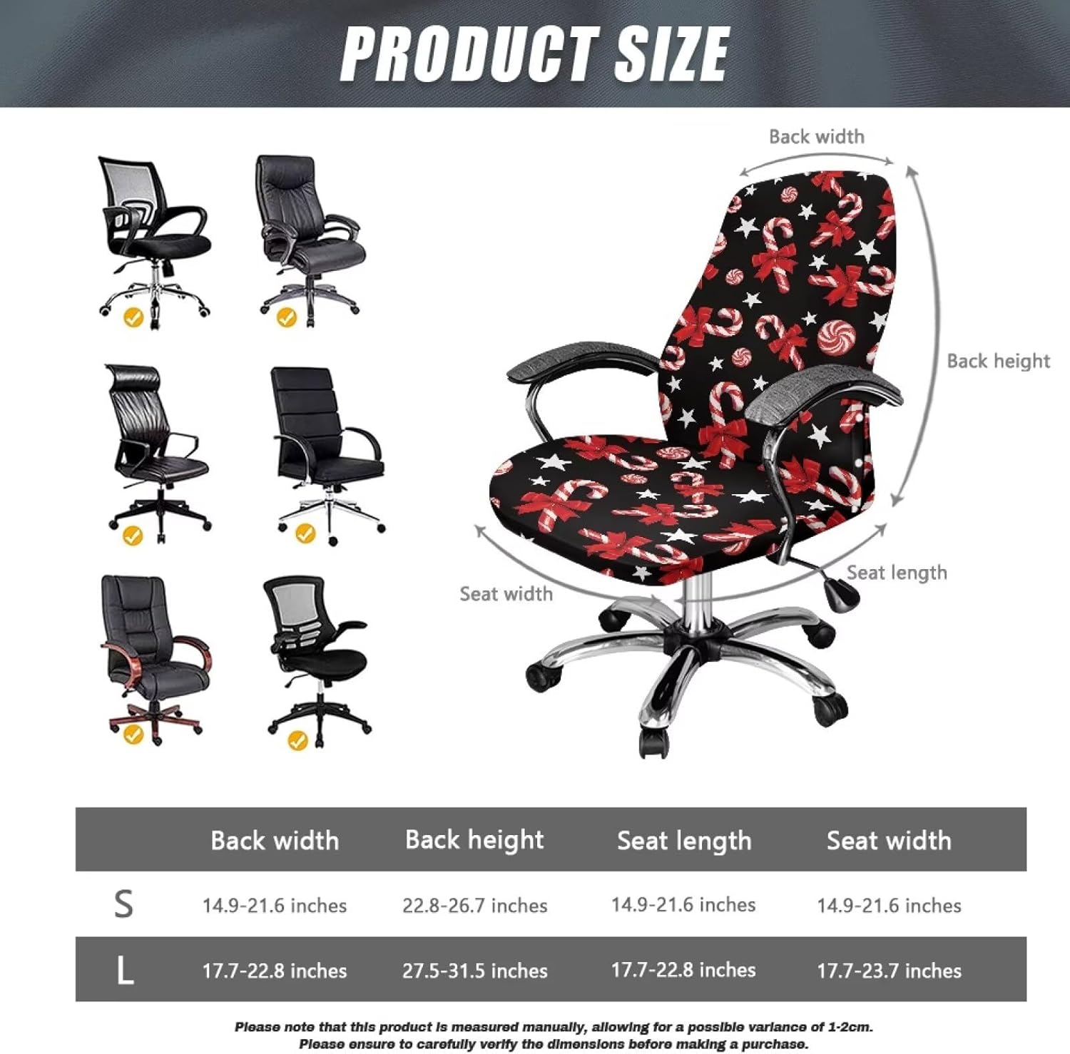 Soft Stretch Office Chair Seat Cover Candy Cane Non-Slip Computer Desk Armless Chair Slipcover with Bottons Modern Christmas Decor Dust Cover for Office Size L