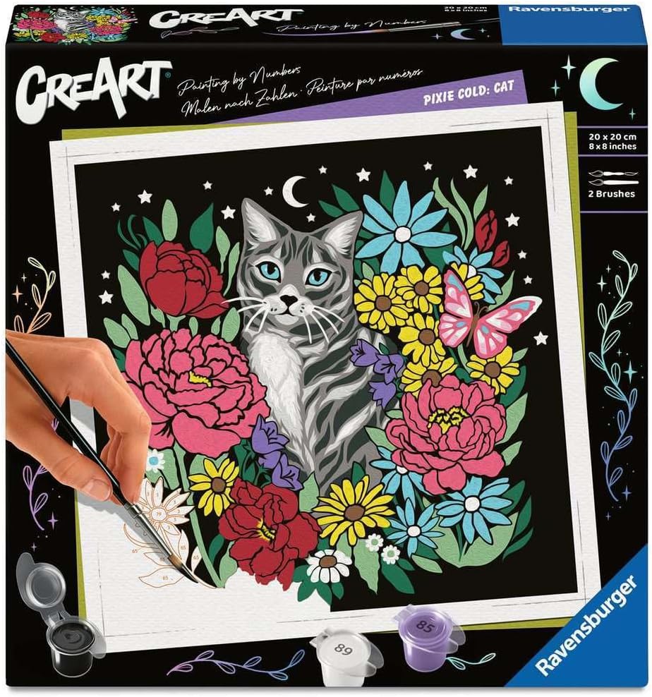 Ravensburger CreArt 25855 Pixie Cold: Cat Painting by Numbers Adults, DIY Painting Set with Brush and Acrylic Paints, Gift for Women and Men, Painting for Adults