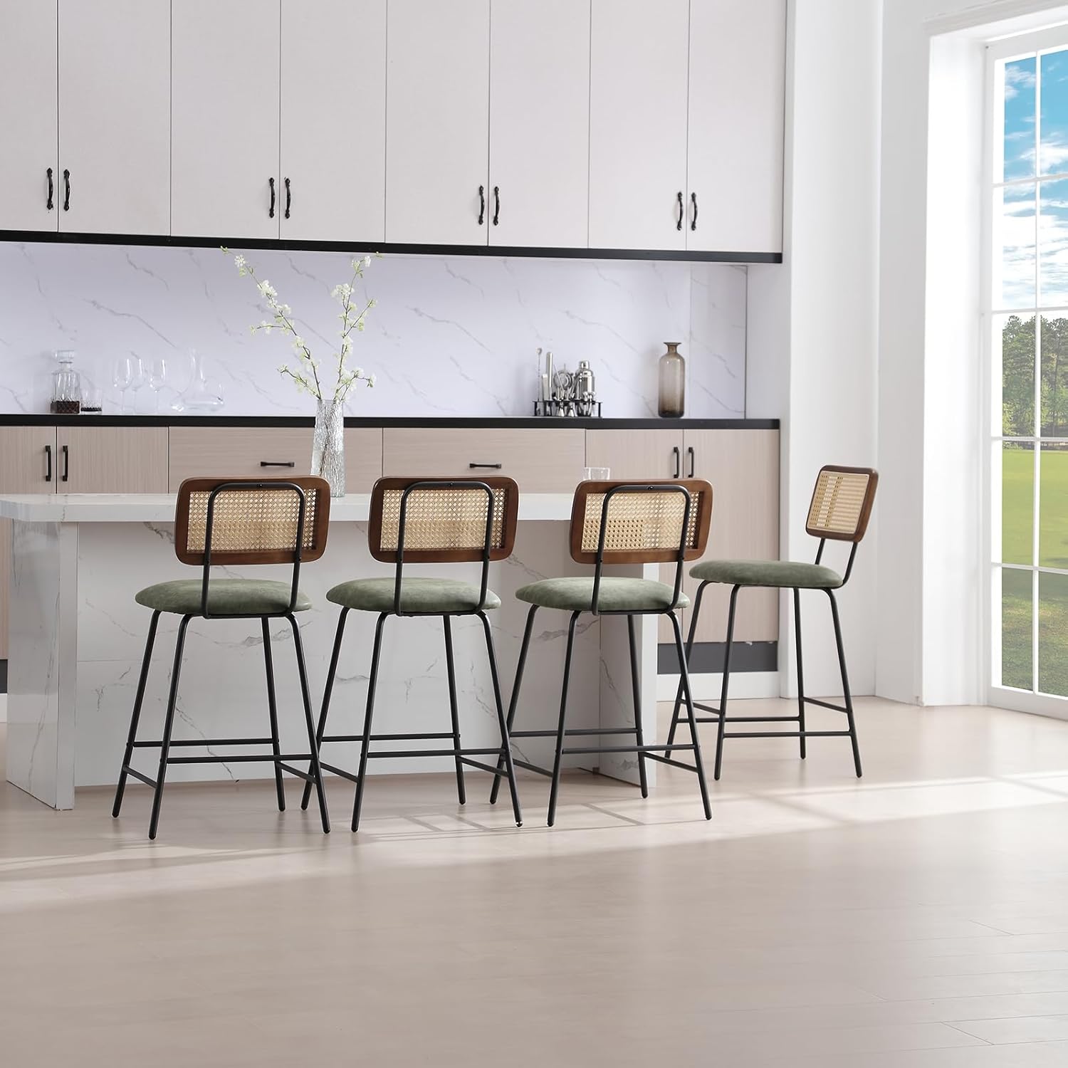 Rattan Counter Height Bar Stools, 26'' Modern Pu Leather Counter Stools with Cane Back, Wicker Counter Stools for Kitchen/Home Bar/Restaurant, Set of 4, Green PU