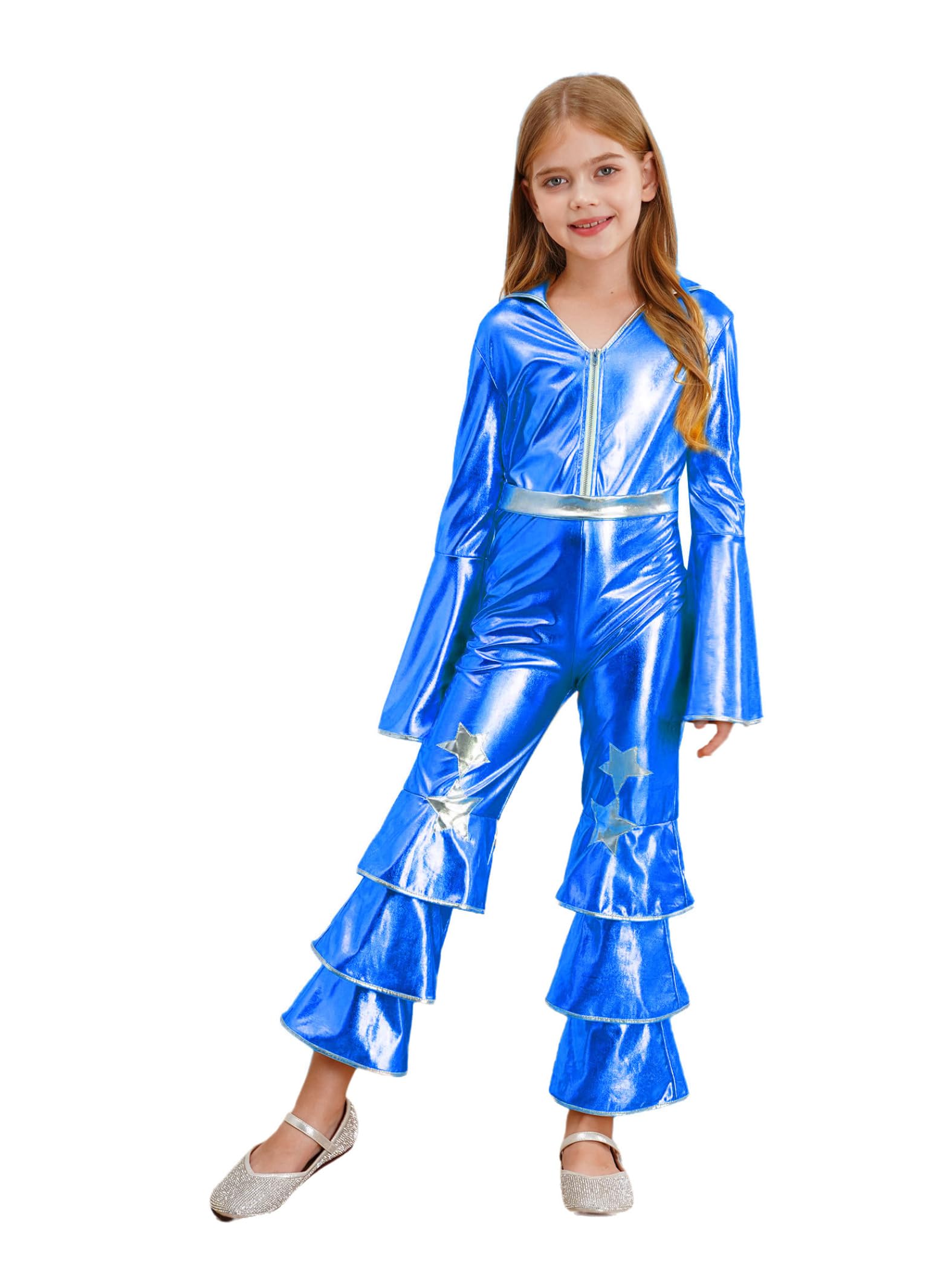 Traje De Baile Metálico Para Niñas Mono Con Volantes Disfraz De Discoteca Traje Completo Manga Larga Vestuario Baile Los Años 70 Para Actuación
