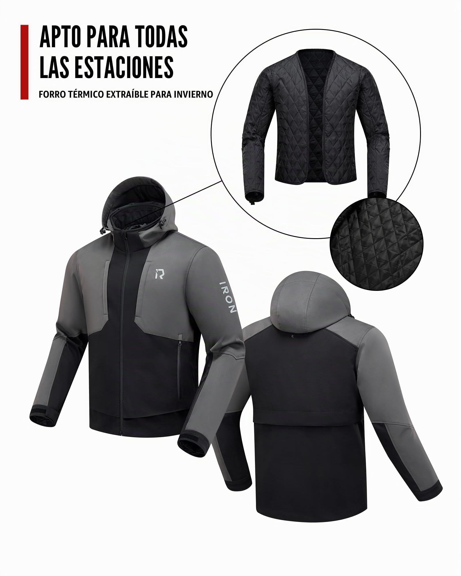 RIDEIRON Chaqueta moto hombre,Chaqueta moto invierno con hombreras y coderas homologadas,equipo de protección,forro extraíble para proteger del frío y el viento en todas las estaciones,Negro