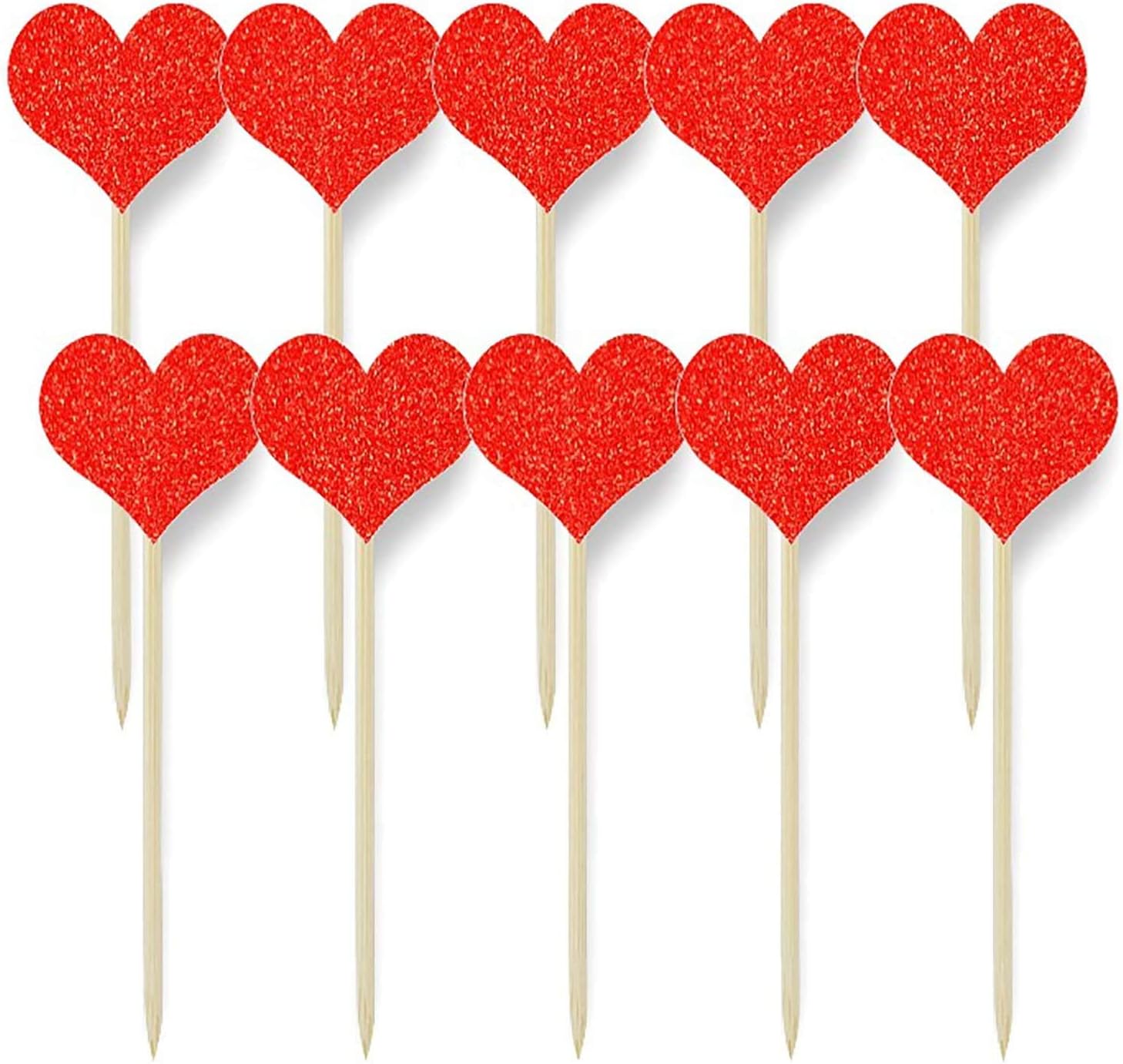 40PCS Heart Cupcake Toppers Sweet Love Theme Hearts Food Picks for Valentine Wedding Engagement Bridal Shower Birthday Party Cake Decorations - Red