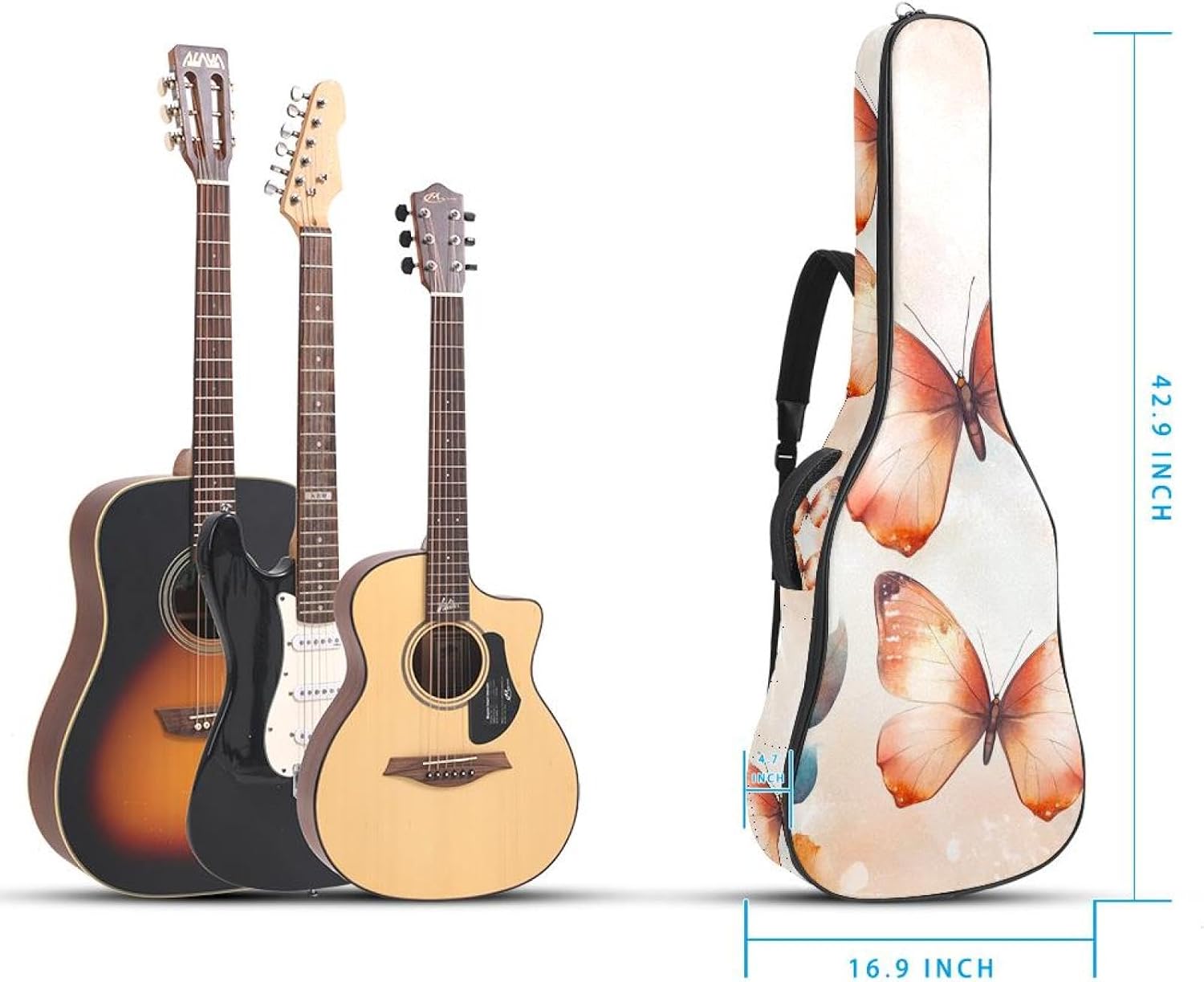Watercolor Orange Butterflies Natural Floral Pattern Acoustic Guitar Gig Bag, 1 cm Thick Padding Waterproof Guitar Bag Backpack for 40 41 42 Inch Electric Bass Classical Guitars