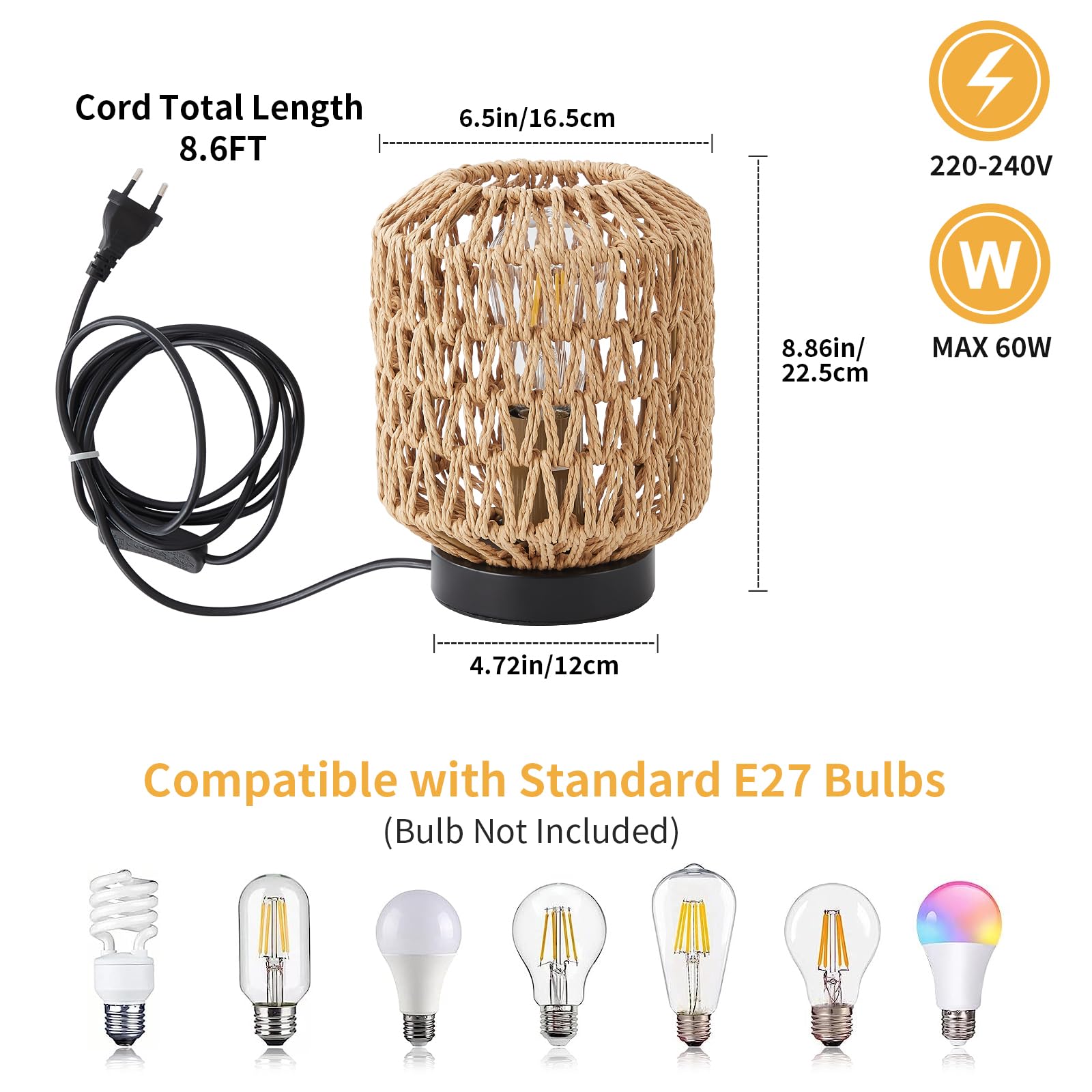 WILON Tisch Lampe, Rattan Tischlampe Kleine, Tischlampe mit Stecker, E27 Schreibtischlampe Retro, Handgewebte Lampenschirme, Nachtlicht Lampe für Schalfzimmer Kinderzimmer, Esszimmer, Hochzeit