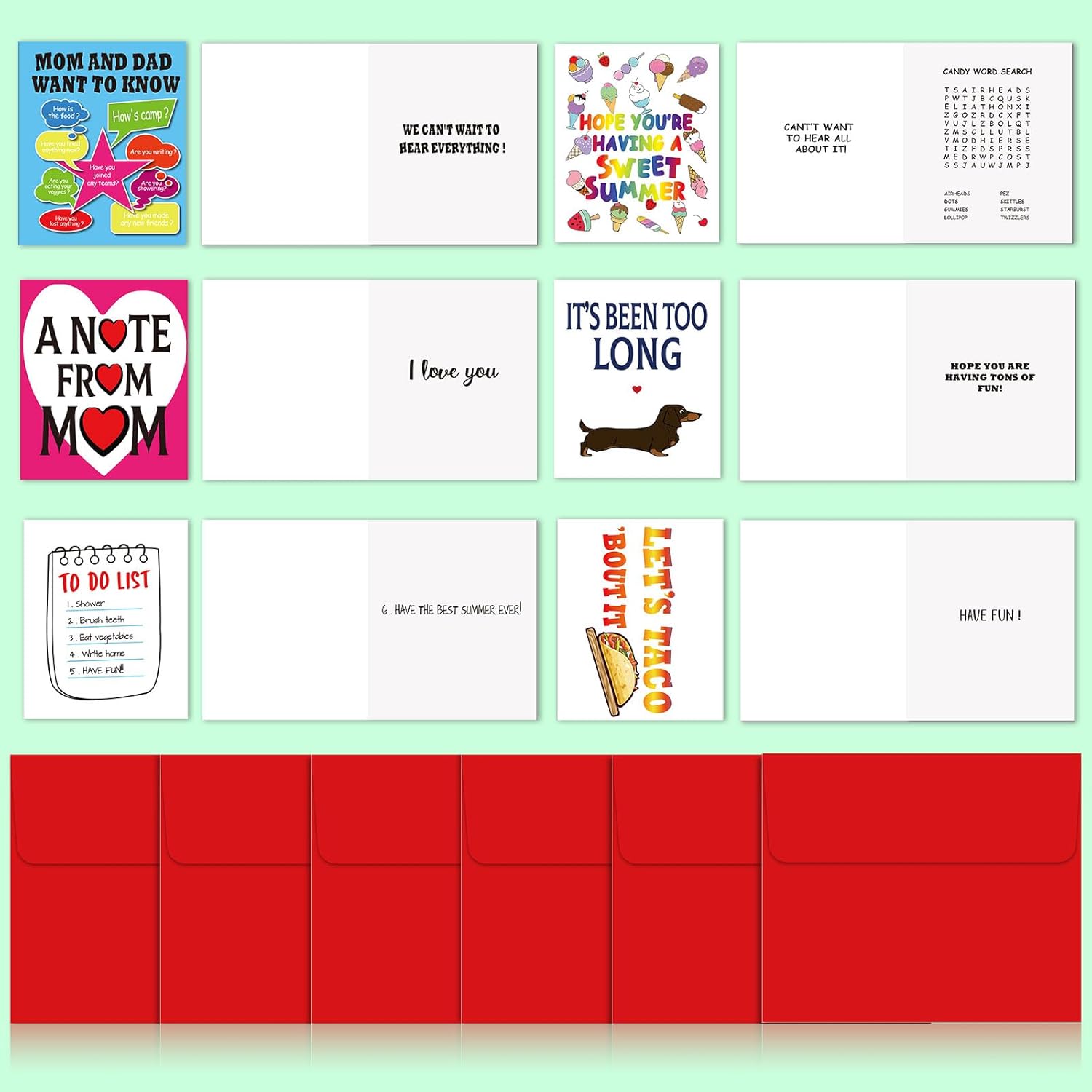 Pack of 12 Camp Greeting Card Summer Camping Cards with 12 Pcs Red Envelopes for Summer Party Office Classroom Students Family, 12 Styles