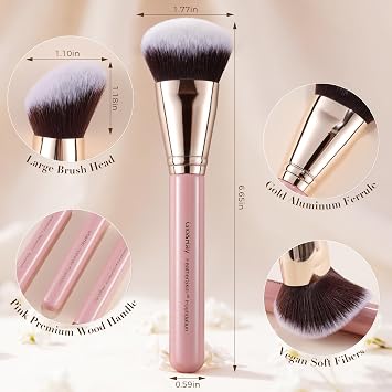 GLO&RAY Flat Angled Kabuki Foundation Brush for Liquid Makeup, Dense Buffing Cream & Powder Foundation Brush for Face, Large Professional Makeup Brushes for Seamless Blending Flawless Coverage, Pink