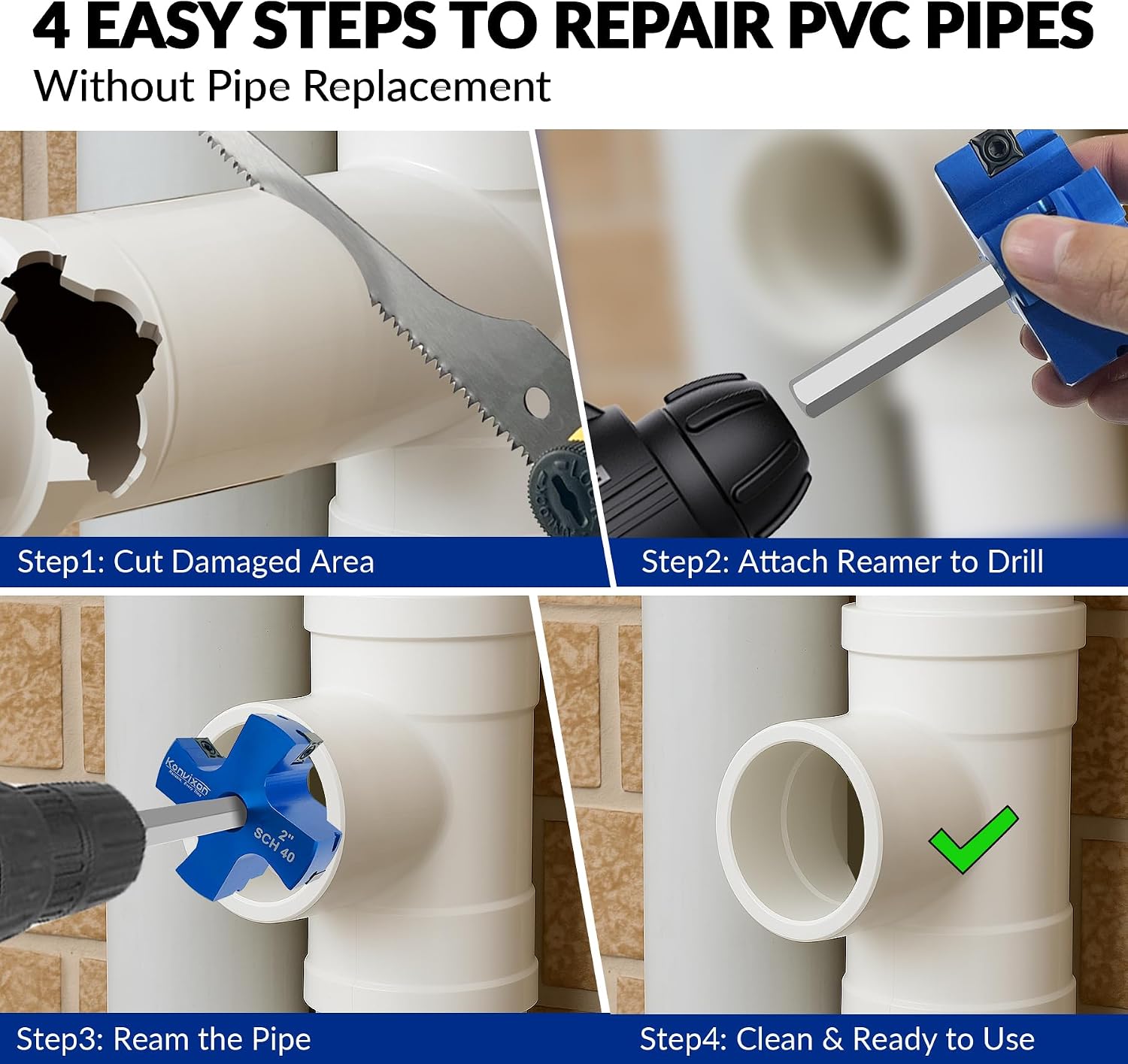 4 Blade 2-Inch PVC Fitting Saver, PVC Pipe Reamer Socket Saver with 3/8 Inch Hex Shaft, Plastic Pipe Fitting Reamer Plumbing Tool for SCH40 CPVC Pipe ABS Socket Hub, Fit Standard 1/2" Drills
