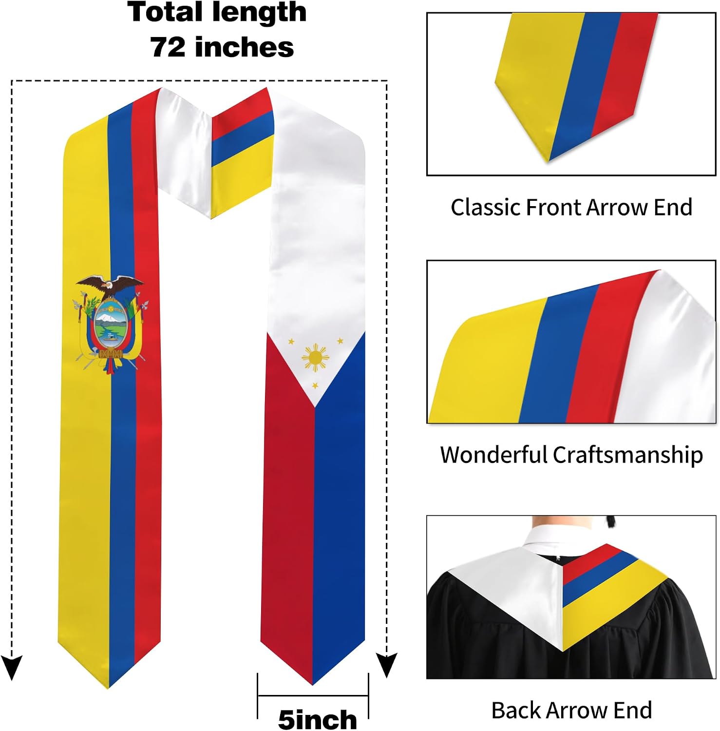 Ecuador&philippines Flag Graduation Stole 72 x 5 Inches Decorative Ceremonial Accessory Sash for International Student (Baccalaureate Gown and Hat Not Included) (Georgia State)