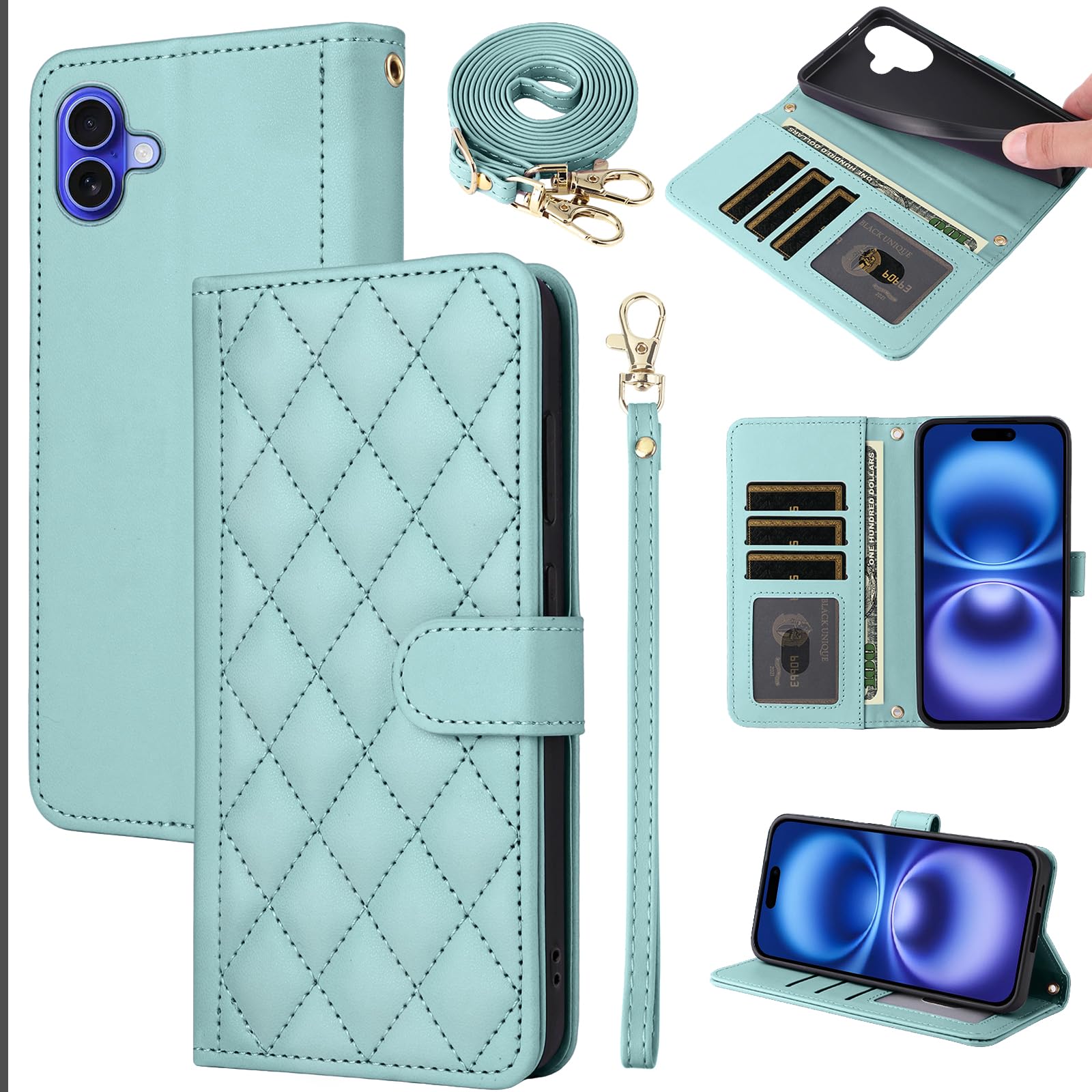 Furiet Argyle Wallet Case for iPhone 16 6.1 inch with Detachable Wrist Strap Shoulder Strap, Card Slots Folio Purse, Luxury PU Leather Stand Cell