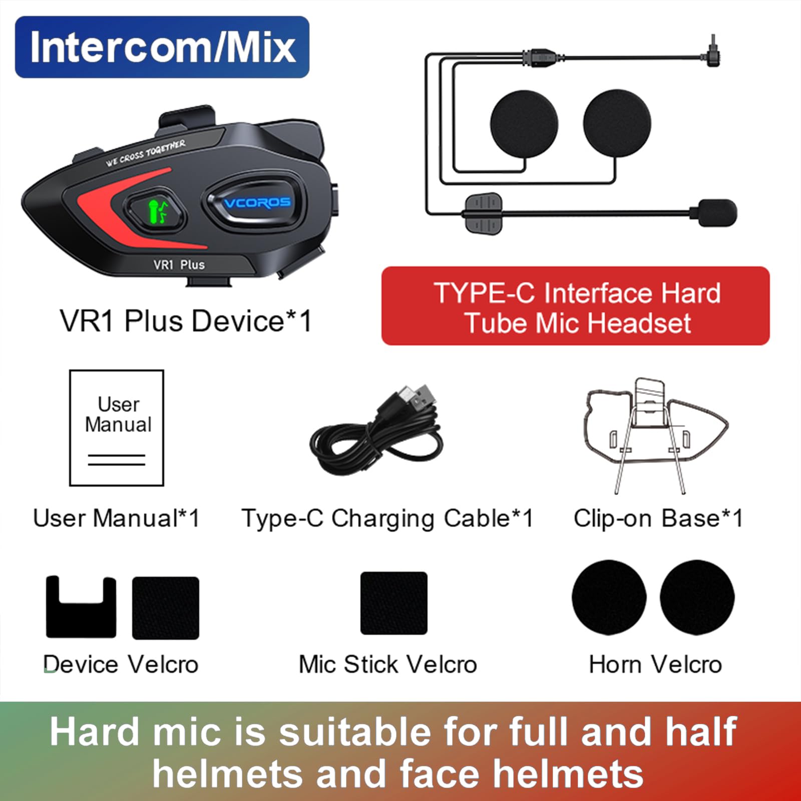 Interfono Moto VR1 Plus,Sistema di Comunicazione per 2 Persone entro 500m,Auricolare Casco Moto,IP56 Impermeabile,Interfono Casco Supporta Le Chiamate Vocali Controllo Della Musica (2Pack Hard Mic)