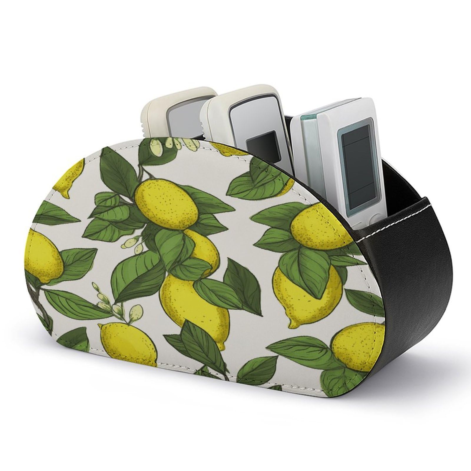 JTREHY - Yellow Fresh Lemons Remote Control Holder 5 Compartments PU Leather Tray TV Storage Box Bedside Storage Organizer