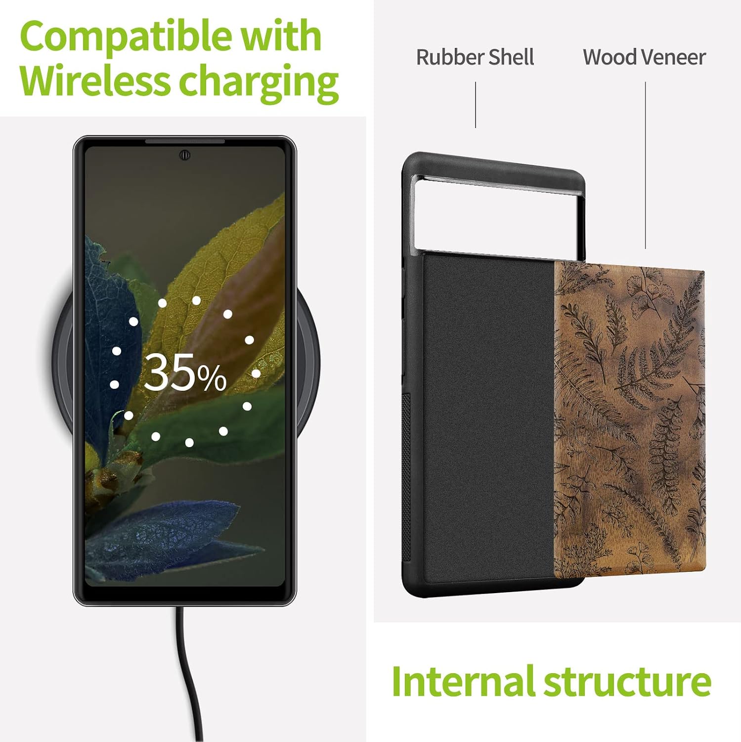 Carveit Wood Case for Pixel 6 Case [Natural Wood & Black Soft TPU] Shockproof Protective Unique Wooden Cover Compatible with Google Pixel 6 (Fern Leaves & Herbs-Walnut)