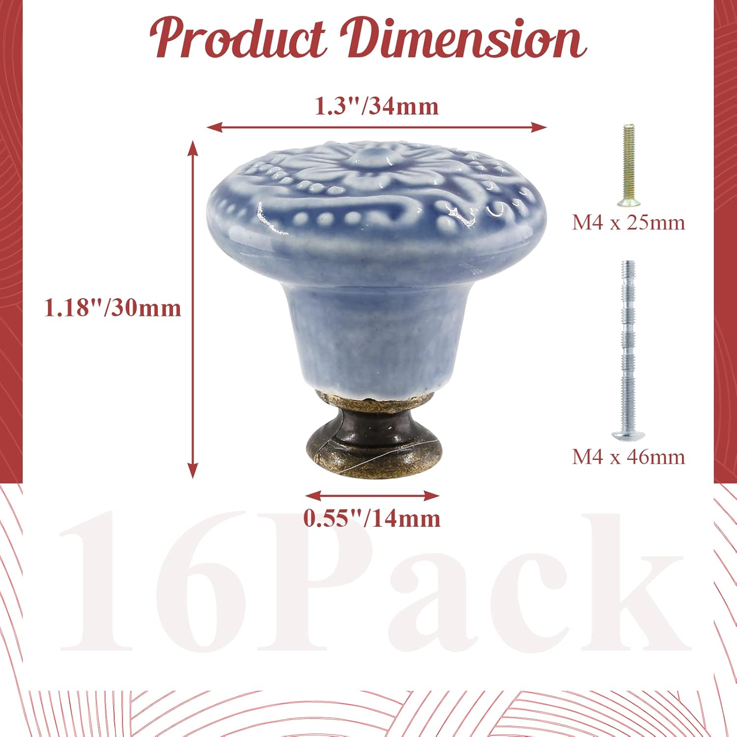 16pcs Greyish Blue Ceramic Knobs, Vintage & Retro Kitchen Cabinet Knobs & Pulls, Decorative Drawer Handles for Closet & Cupboard