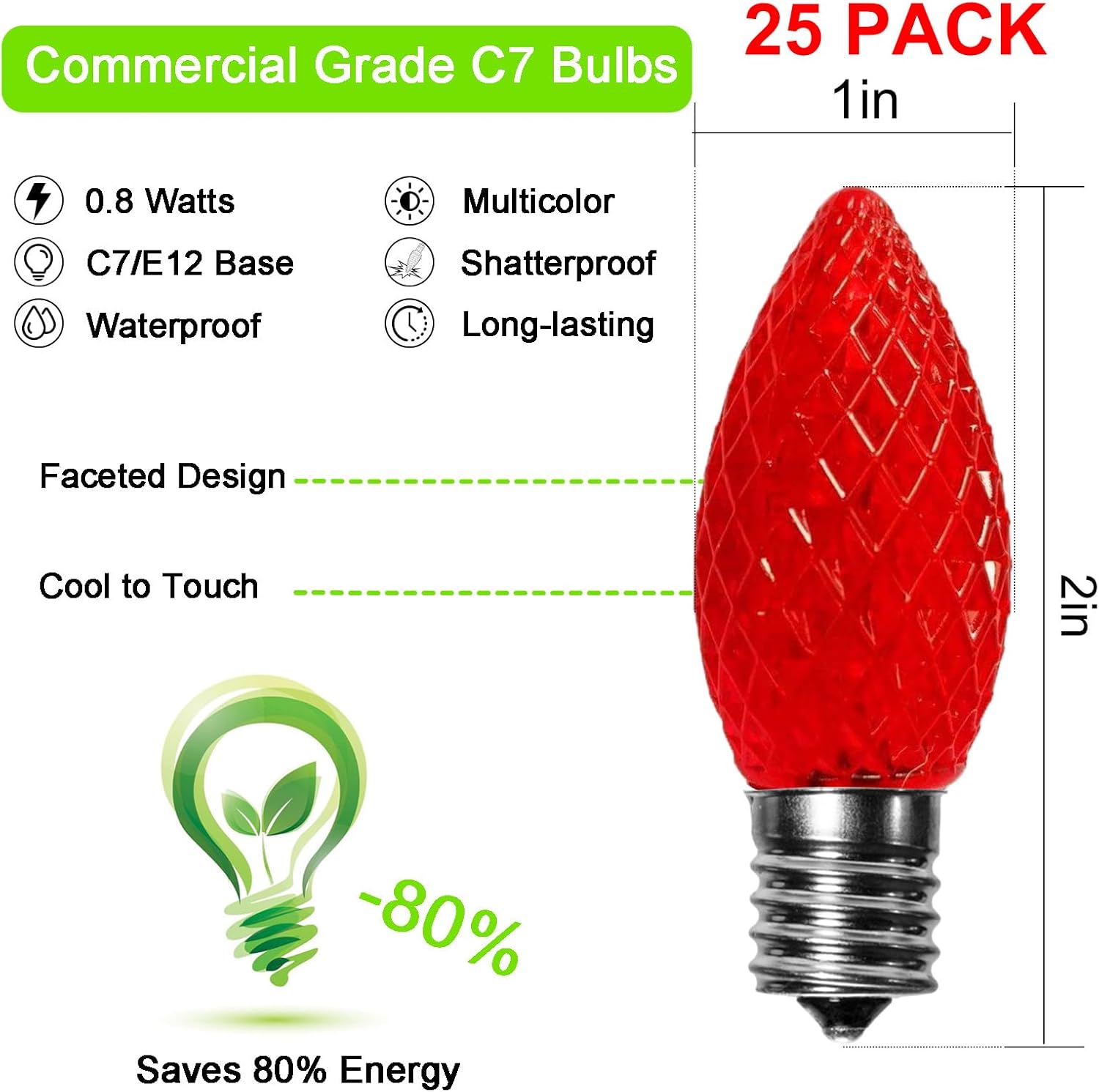 echosari 25 Pack C7 LED Replacement Christmas Light Bulbs 0.8W for Outdoor String Light, UL Listed Commercial Grade Holiday Bulbs, C7/E12 Candelabra Base Sockets (Multicolor)
