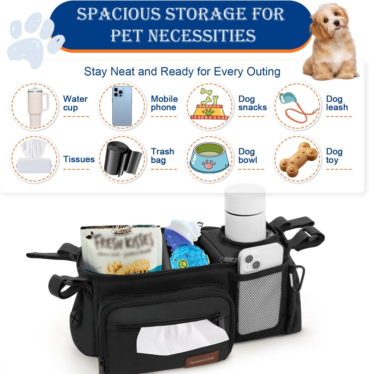 Dog Stroller Organizer Bag, Dog Mom Gifts for Women Pet Stroller Caddy, Stroller Accessories with Cup Holder, Poop Bag Dispenser, Pockets for Dog Essentials, Fits 14–19" Handles, Dog Mom Gift Ideas