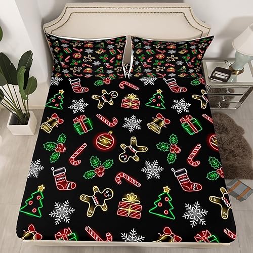 Miniatura 8 de Erosebridal Juego de sábanas de Navidad tamaño Queen, diseño de ciervos de Papá Noel, diseño de ciervos de Papá Noel, estrellas con purpurina,