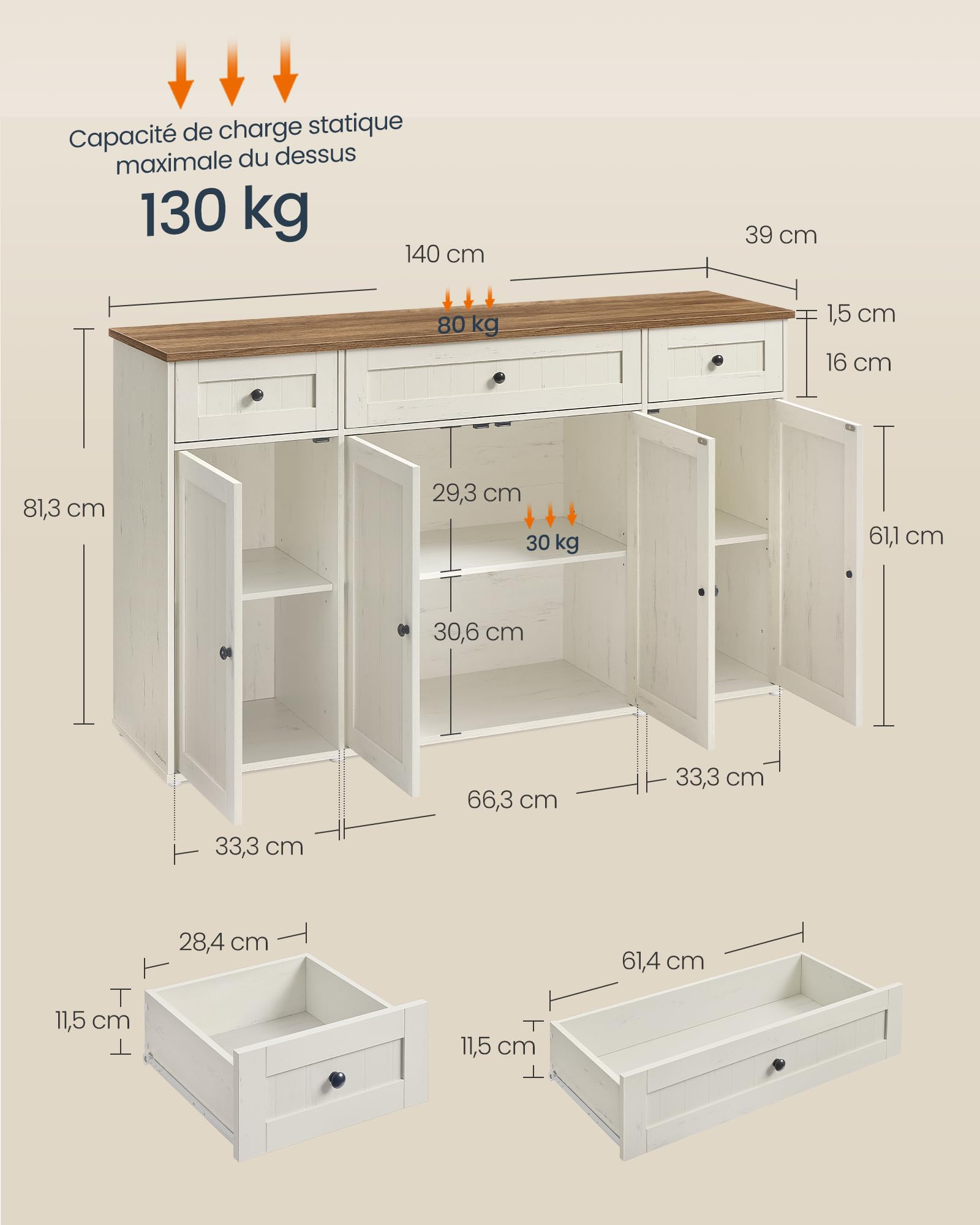 SONGMICS HOME Buffet, Assemblage Ultra-Rapide sans Outils Toolless, Meuble de Rangement de Cuisine avec Plan de Travail, Étagères Réglables, Blanc Rustique et Marron Miel BBK376WJ02