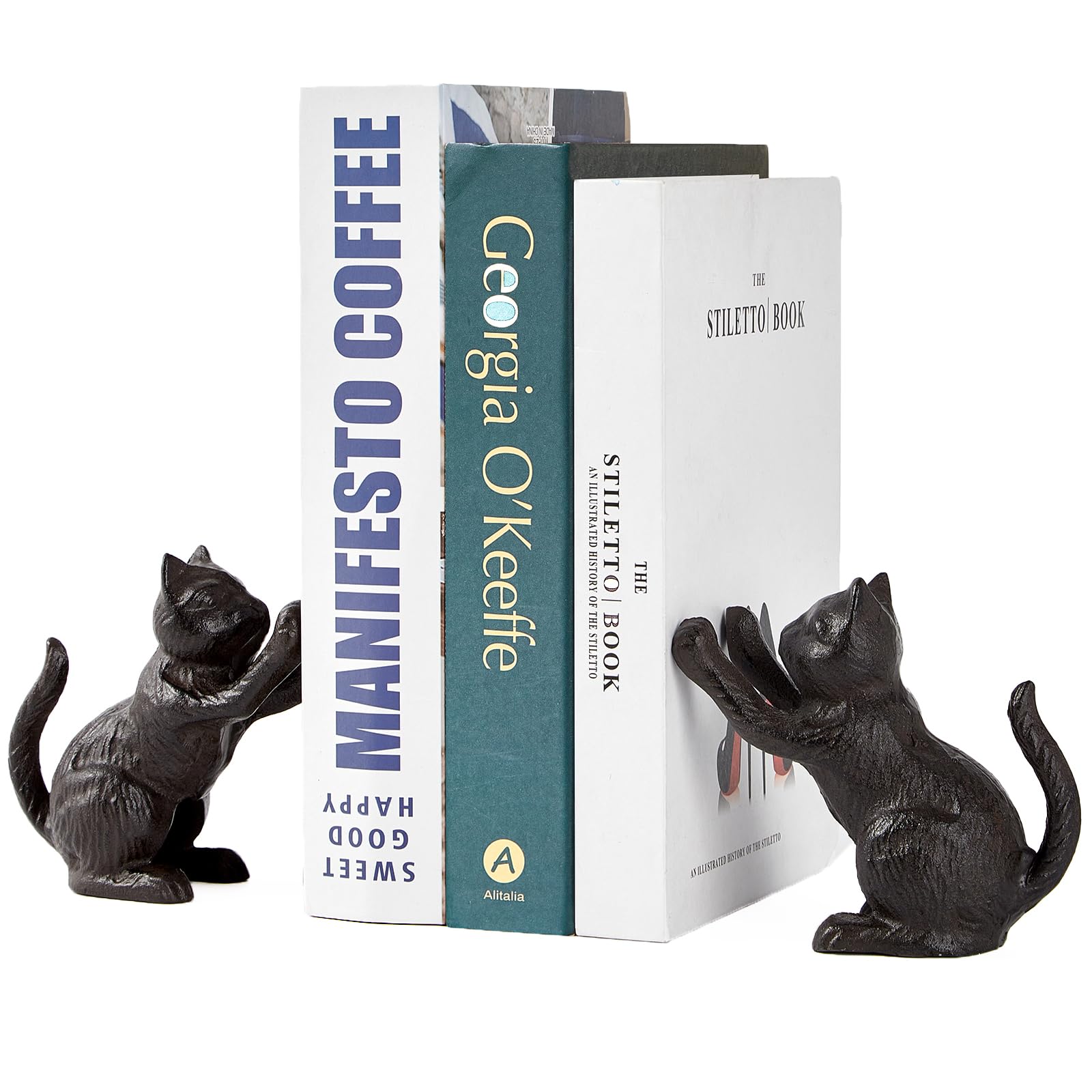 Denique Cat Decorative Bookends, Cute Book Ends to Hold Books, Bookends for Shelves, Unique Cast Iron Book Stopper for Heavy Books, Cat Office Decor, 1 Pair/2 PCS