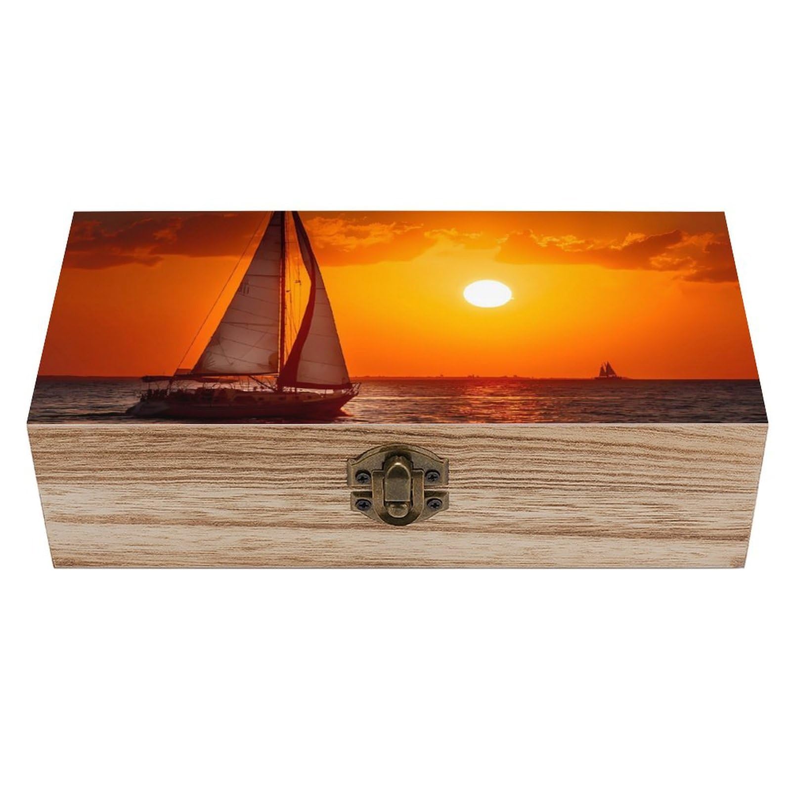 HLBSDM Sailboat Sunset Wooden Box with Hinged Lid Decorative Storage Case Container