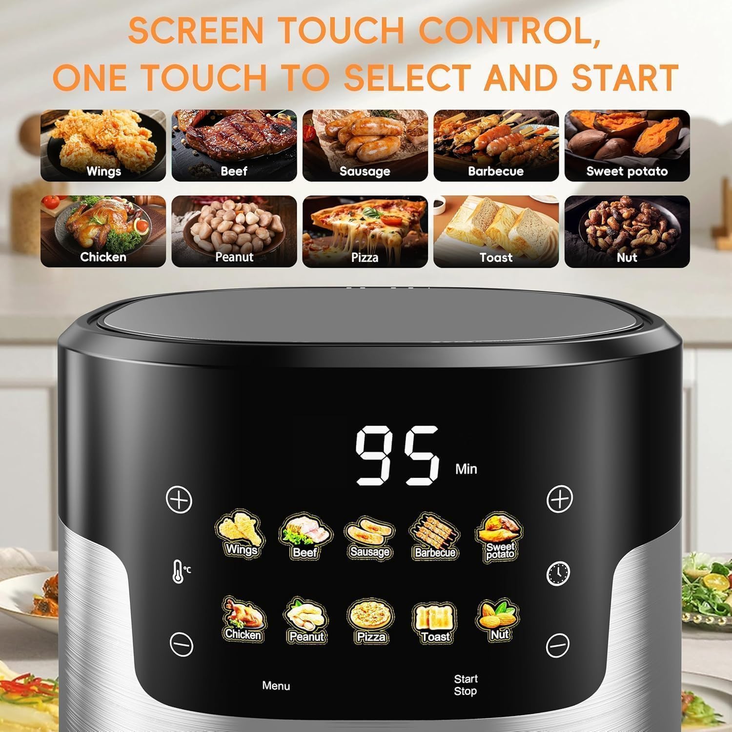 Air Fryer, 6 QT Air Fryers with Glass Touch Screen, Clear Windows, 10-in-1 Stainless Air Fryer Oven with Auto Shut-Off Time & Temperature Control for Roast, Bake, Broil, Keep Warm (BQ1)
