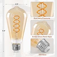 Vista 6 de ST64 LED E26 Vintage Edison Light Bulbs, Light Amber Glass, Dimmable, 4W(40W Equivalent) 300 Lumens, 2500K Warm White, Spiral Filaments Design