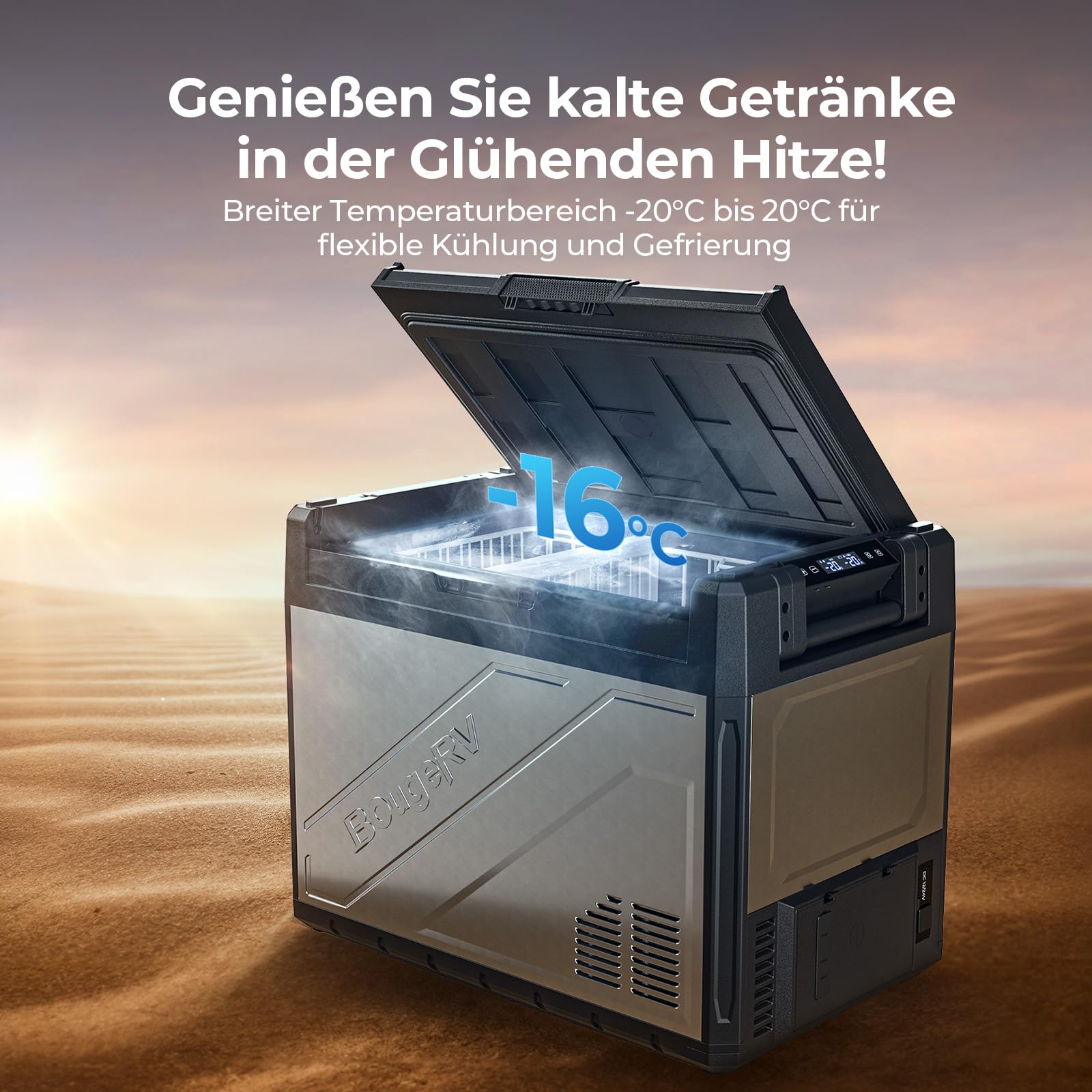 BougeRV Rocky V3.0 65L Auto Kühlbox mit Gefrierfach, Dual Zonen Kompressor Kühlbox 12V/24V 230V mit APP-Steuerung Metallgehäuse IPX4 Auto Kühlschrank für Camping Reisen Boot Angeln, -20℃~20℃