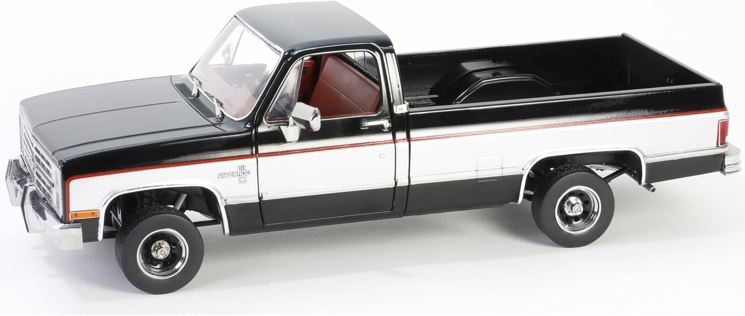 1986 Chevy K10 Silverado Pickup Truck Midnight Black and Steel Gray Metallic with Red Interior 1/18 Diecast Model Car by Greenlight 13687