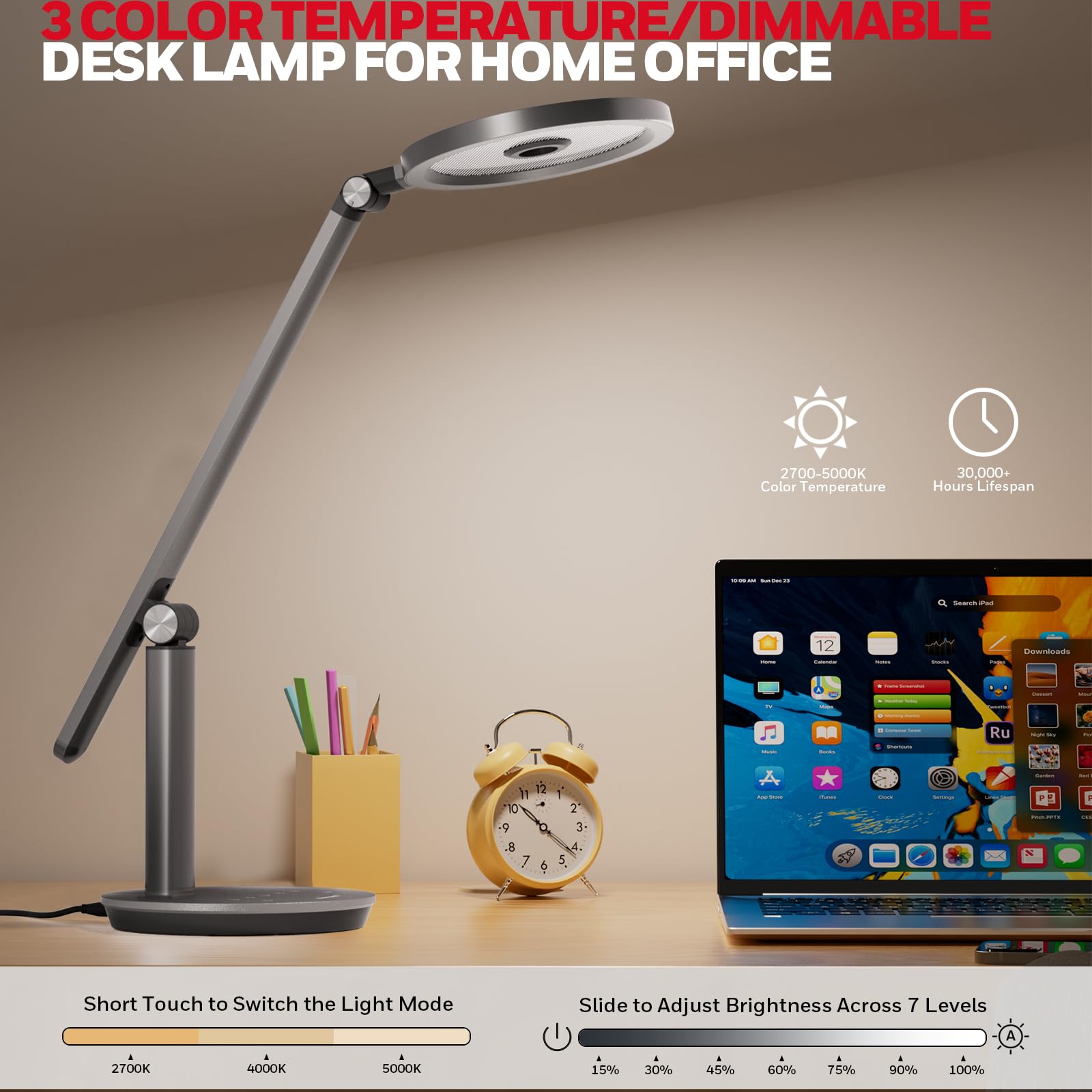 Honeywell H6 Lampada Da Scrivania LED, Lampada Dimmerabile, Grigio | Sunturalux CRI≥97, RG0 luce blu ridotta, senza sfarfallio, 800LM dimmerabile con timer per webcam, studio, ufficio e camera
