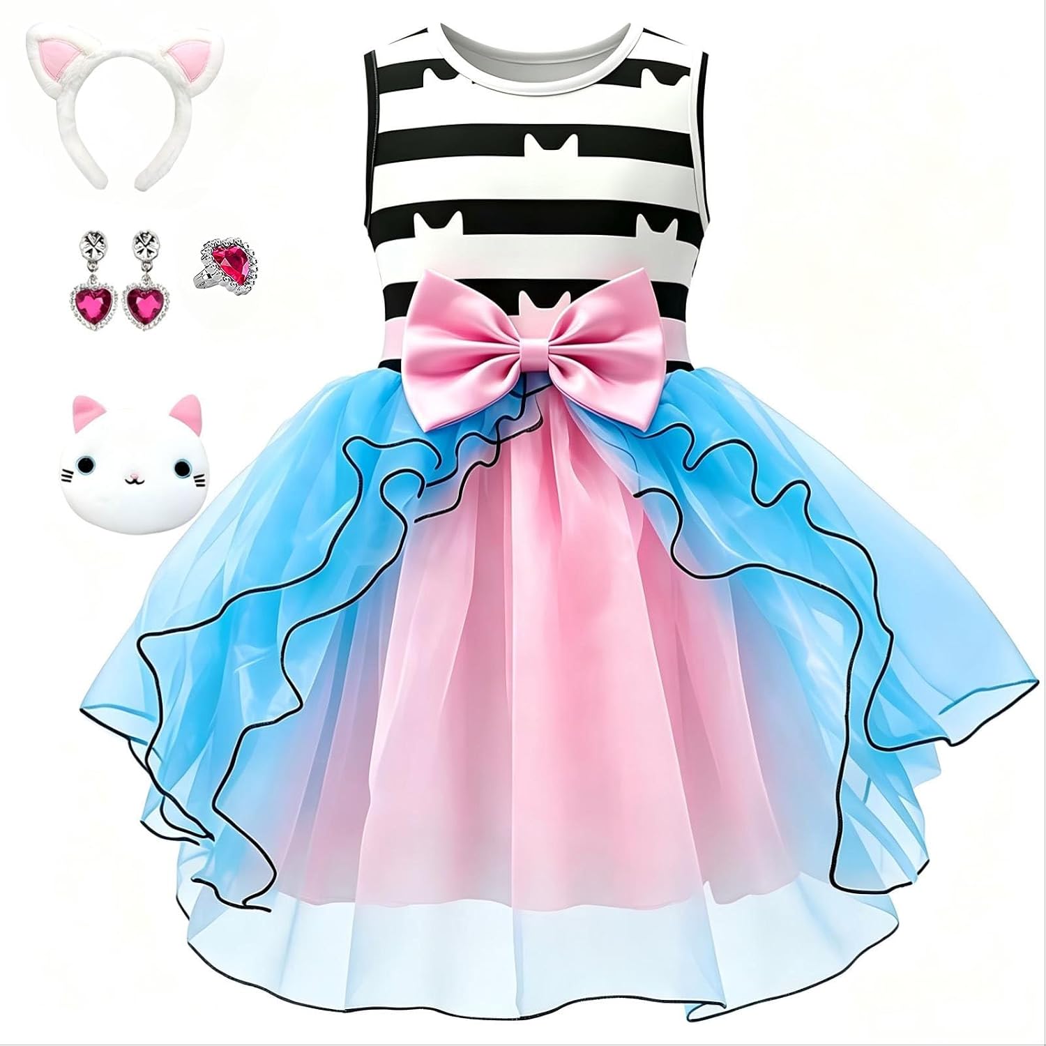 PixiePicks Round Neck Sleeveless Gradient Tulle Dress Set with Headband, Earrings & Carry Pouch for Daily Activities
