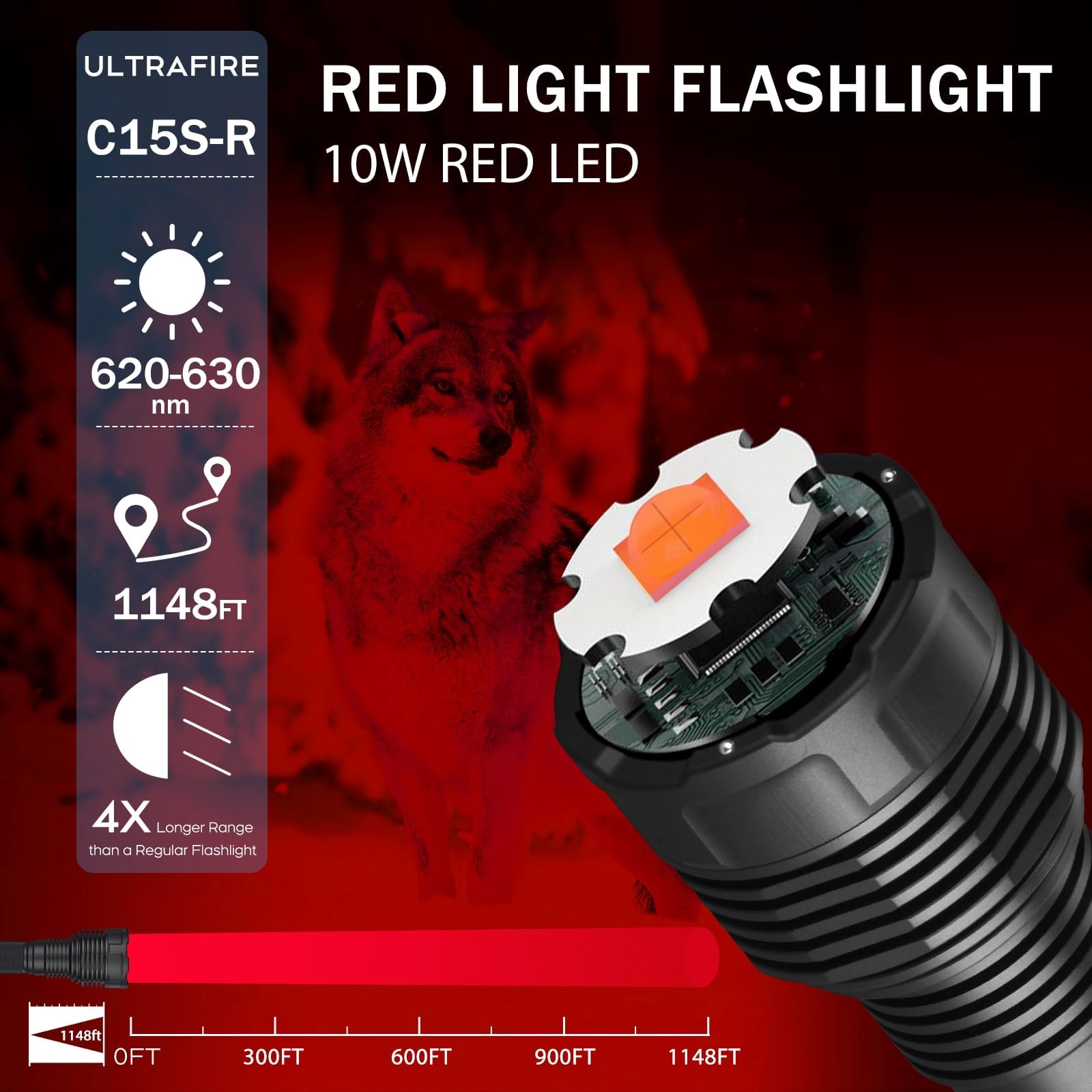 UltraFire Torcia da caccia ricaricabile a luce rossa, 620-630 nm, luce rossa a LED, portata di 350 metri, 2 modalità per visione notturna, fotografia astro, fotografia da camera oscura, C15S-R