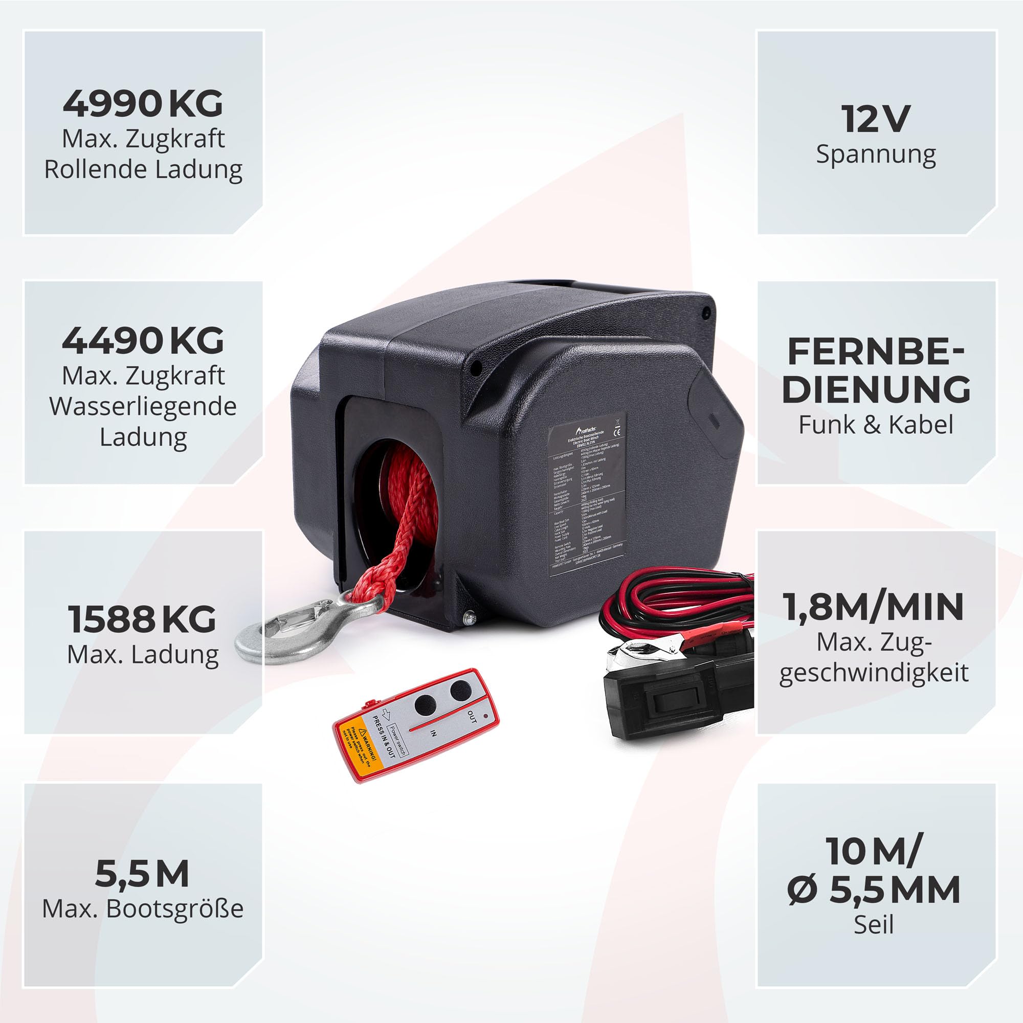 ROTFUCHS 12V Elektrische Seilwinde 4990KG / 2721KG Funk Winde Seilzug