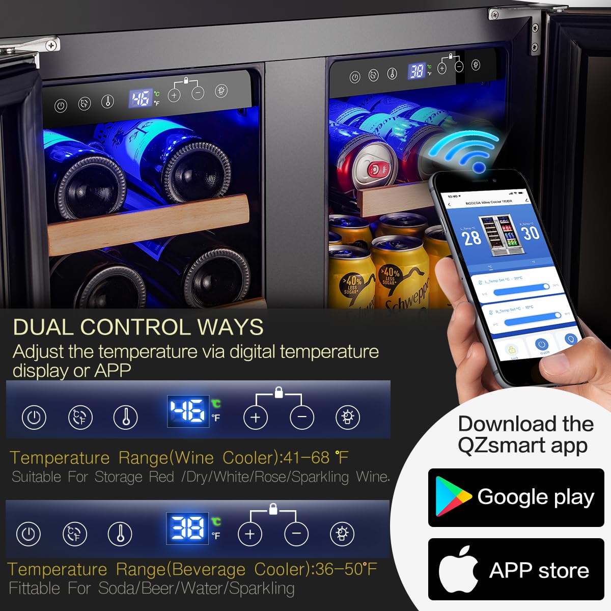 BODEGA 24 Inch Wine and Beverage Refrigerator, 2 Door Commercial Back Bar Cooler, Dual Zone Wine Cooler with Smart APP Control, Black Bar Fridge Hold 19 Bottles and 57 Cans, Built-In or Freestanding. on Fridge.com